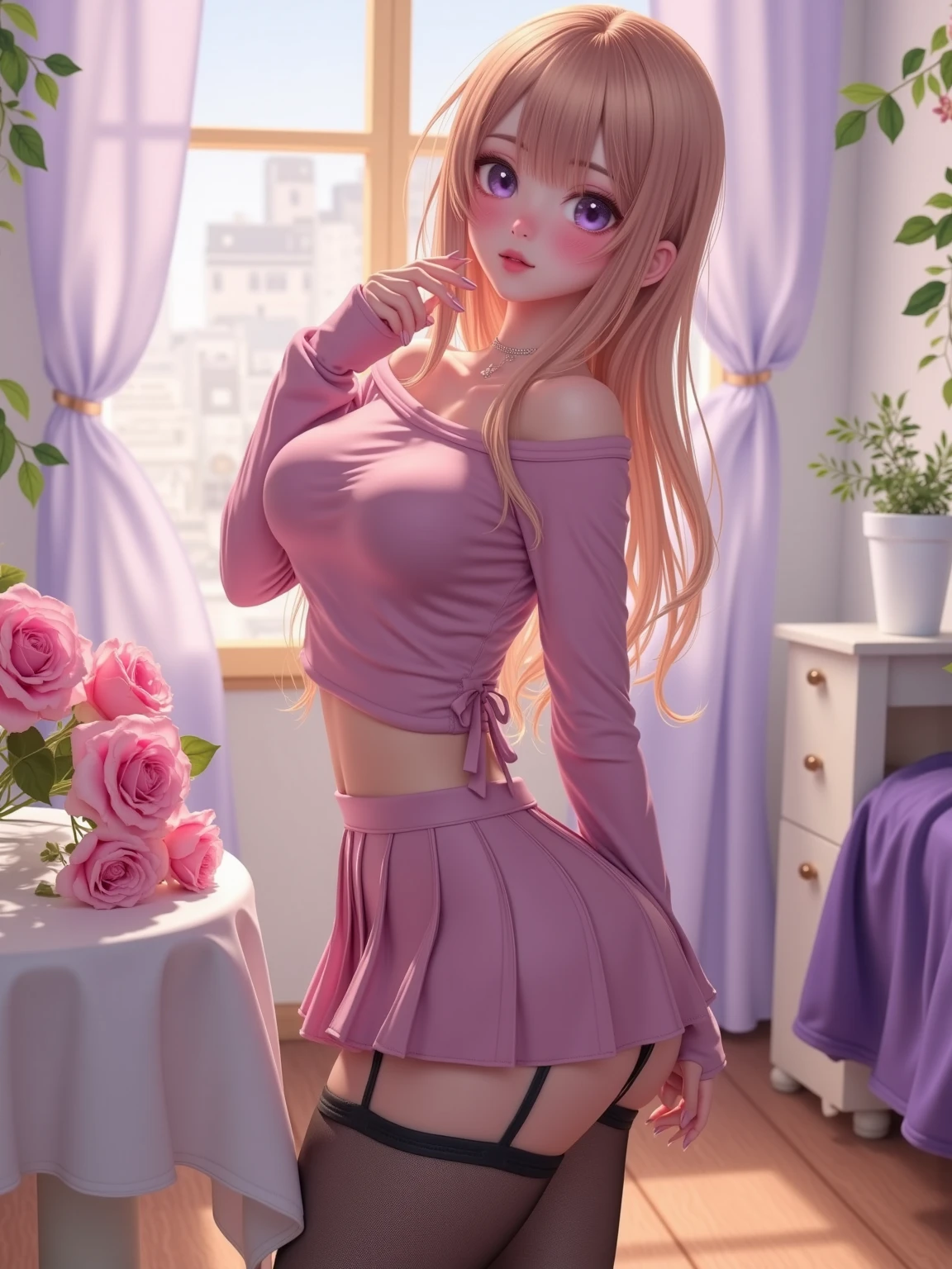Composition seen from the side、shot from a side angle、girl's own room、Lovely room、Cute Pink Chair、a chair、body is turned sideways、Light pink color、is standing、Sit on one knee in a chair、Put one foot on the ground、Arms on the chair、boredom、Let's take a moment to reflect、kawaii pose、Not erotic、Ballerina costume、Twin-tailed、I can't see my buttocks、Wearing a skirt、Neat and clean、It's not obscene