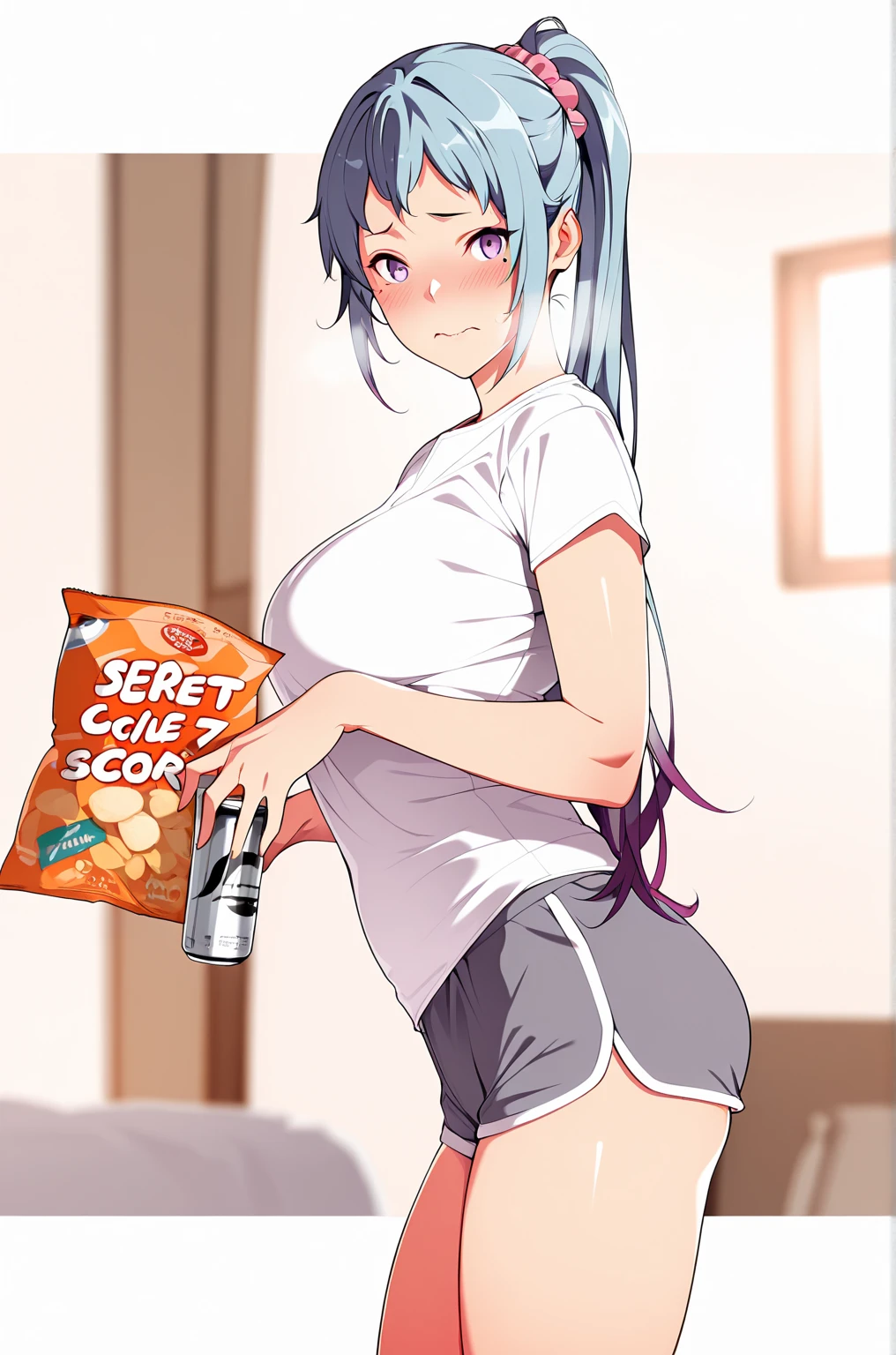 (nanao \(mahaya\)-style), (zonda_(solid_air)-style:0.8), anime coloring, ((Cinematic, unreal engine, eye-catching, ambient occlusion, UHD, masterpiece)), ((perfect lighting, dim lighting)), comic, score_9, score_8_up, score_7_up, score_6_up, score_5_up, score_4_up, uncensored, detailed background, vignetting, high quality, absurdres, best quality, very aesthetic, newest, digital art, trending on ArtStation, ((anatomical correct)), perfect body, perfect eyes, perfect fingers, gasping, heavy breathing, gasping profusely, ((skindentation)), ((curvy)), high ponytail, long hair, multicolored hair, light blue hair, purple hair, purple eyes, mole under eye, hair scrunchie, pink scrunchie, plump, 1girl, shorts, dolphin_shorts, solo, can, shirt, looking_at_viewer, white_shirt, holding, short_sleeves, blurry_background, food, blurry, short_shorts, grey_shorts, breasts, indoors, holding_can, cowboy_shot, snack, from_side, chips_(food), standing, t-shirt, ((embarrassed)), blushes, blush face, wavy mouth, 