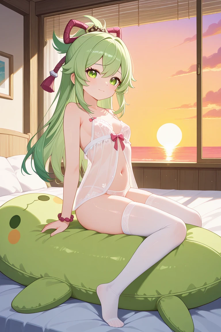 Midnight、((sexual)), (exposure), japanese anime, on bed, beautiful face, beautiful legs, lying on bed, 1 female, white underwear, detailed, 8k, ((opening both legs)), beautiful hair, green hair, (very dark room), ((M-shaped legs)), ((With legs apart)), night, at night, front、Facing front、gently smiling, whole bodyが見える, 4K quality, goddess, Cute Moe Anime, Healing, clear, A kind smile, Anime style Japanese hairstyle, Beauty, Clear Eyes, whole body, Cute Face, Perfect Anatomy, Smooth, beautiful hair, both legs opened, Lying in bed、Thin legs、thighs, With legs apart、underwear, beautiful eyes, whole body、full body, sexy, sexy posing, night time, dark room in the night, Hair ornaments, midnight, in the middle of night, goddess, older sister、Beauty、goddess、Big Breasts、beautifu breasts, breasts, fairy, Fairy、Angel、Butt、Big butt、Large Breasts、Glamorous figure、Curly hair、Loose and fluffy、Plump、nature、nature, A room with lots of nature、Foliage plant、flower pot、candle、Candlelight、candlelight, maternal、Cottage、Wooden room、Wooden house、Cottage in the forest、Sacred Grove、holy forest, Breastfeeding、