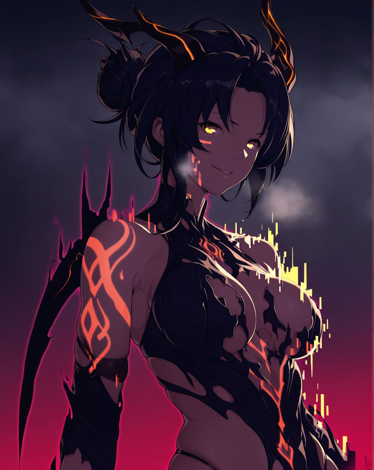 (nanao \(mahaya\)-style), (zonda_(solid_air)-style:0.8), ((anatomical correct)), vignetting, fog, ((Cinematic, unreal engine, eye-catching, ambient occlusion, UHD, masterpiece)), ((perfect lighting)), (digital dissolve:1.2), perfect body, perfect eyes, perfect fingers, gasping, heavy breathing, gasping profusely, ((skindentation)), ((curvy)), Murata Himeko, short hair,messy hair,hair up,single hair bun,hair one side up,forehead,parted bangs,yellow eyes, plump, (disintegration clothes:1.2), smug, 1girl, solo, horns, looking_at_viewer, tattoo, breasts, upper_body, bare_shoulders, glowing, dragon_horns, parted lips, glowing tattoo, (aura:1.2), ((yellow aura)), looking at viewer, mark on face