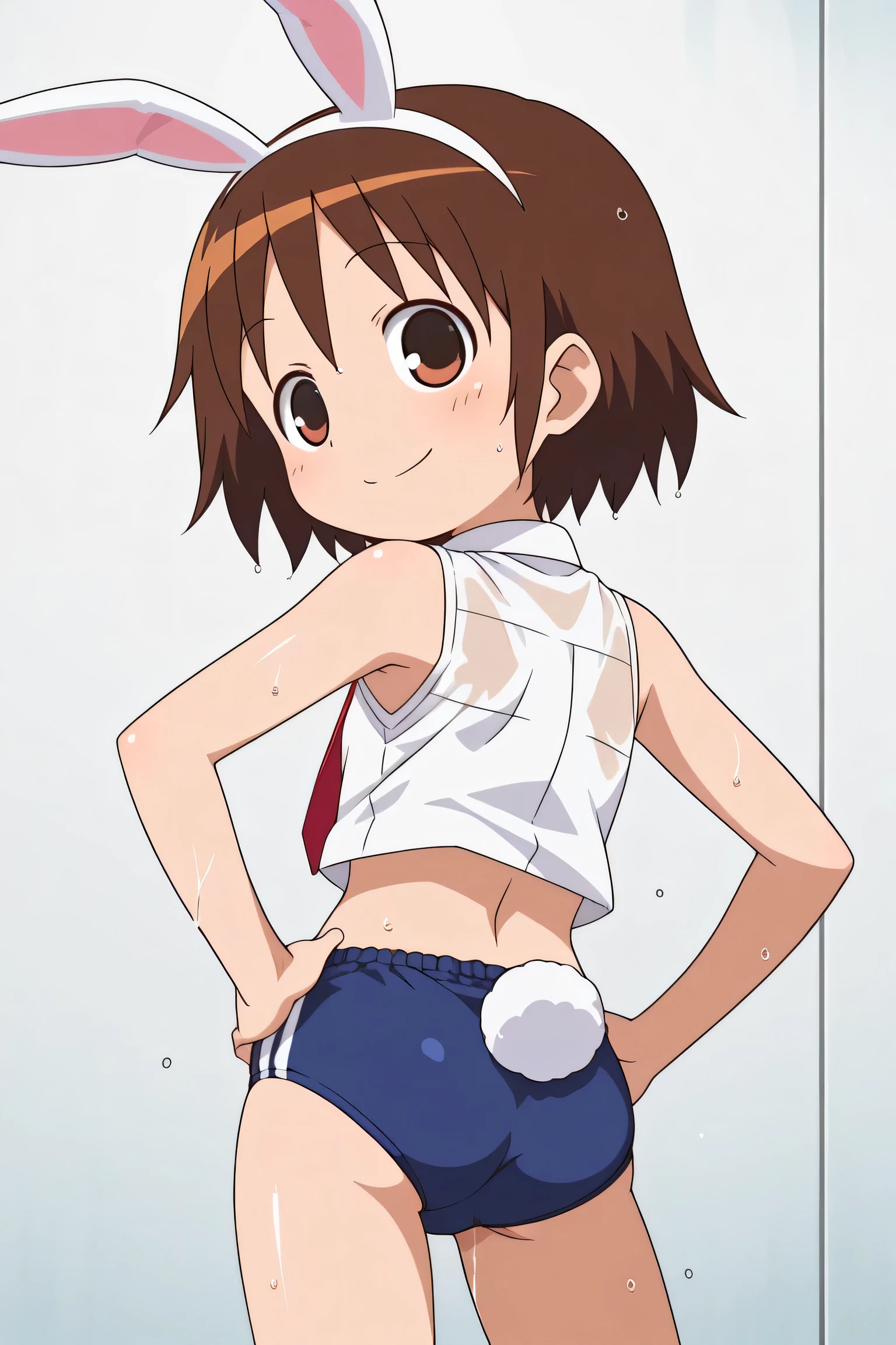 (((anime style))),score_9, score_8_up, score_7_up, source_anime,yasuna,1girl, ((solo)),((((light-blue buruma)))),((((white business shirt)))),sleeveless,((wet clothes)),nipple,red tie,((white sox)),brown loafers,((white Bunny's ears headband)),Bunny's Tail, hands on hips, (happy),(((crop top))),((((back shot)))),(((contrapposto))),little butt,low angle,
leaning forward,(looking back),((bare hands)),
,(looking at viewers)