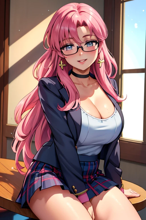 blush, cleavage,glowing aura, natural light, masterpiece, glossy skin, juicy lips ,long hair, cute, kawaii, adorable, reaching up, adult, cuddle, kawaii clothes,random hair style, random clothes,sexy, hot, , random expression, blonde hair, ((pink highlights in hair)), pink eyes, purple bunny ears, bonfie, therapist clothes, smirk, glasses, pigtails and braids, pencil skirt, white shirt, cleavage, bright pink eyes, ((from below))), evil