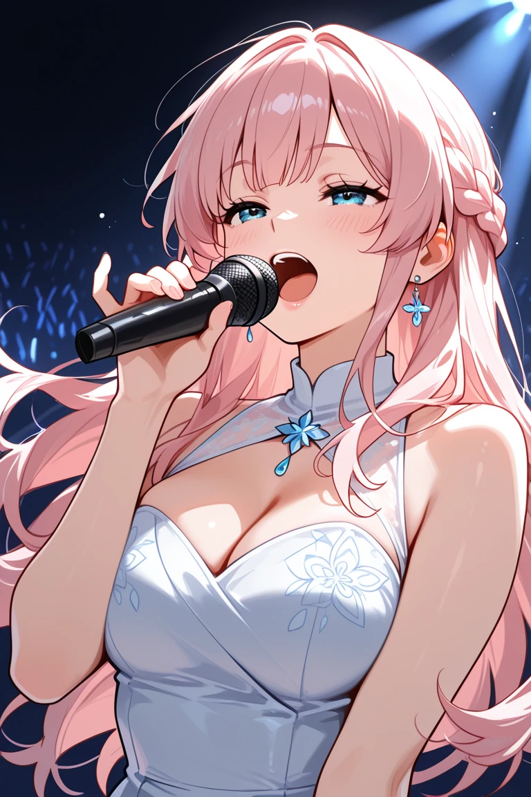 masterpiece、Soft Focus , Bright gradient watercolor、Tabletop, High resolution, 8k, Anime Women, Delicate and detailed writing 、Detailed digital illustration、High resolution, high quality、Detailed Background、Close-up photo、
Long Hair、Shiny Hair、Bright golden hair、bangs、Very beautiful woman、Idol、Double Eyes、(Large Breasts:1.4)、Detailed female face、(Hand holding microphone:1.3)、Sing into the microphone、(Idol衣装)、 Short skirt、Pink Ribbon、Pink rose hair accessory、Pink and white outfit、
