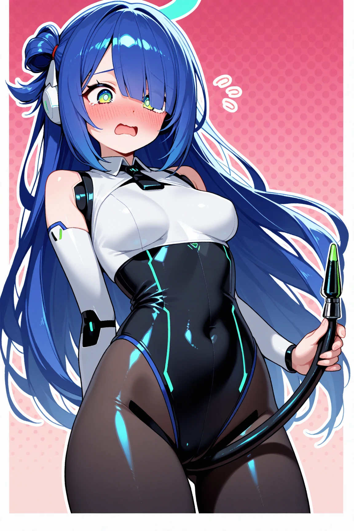 best quality, masterpiece, highres, solo, {helena_azurlane:1.15}, blue_hair, long_hair, ahoge, purple_eyes, breasts, blush, bangs, hair_ornament, medium_breasts, hair_between_eyes, 1girl, looking_at_viewer, large_breasts, team rocket,team rocket uniform,white skirt,red letter R,crop top,black thigh-highs,black elbow gloves