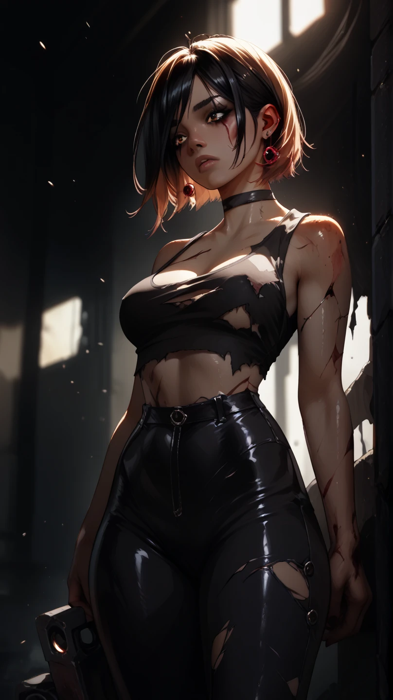 Photo,sharpness,Unique 850 4, Koda850 k portrait camera, F1.6 lens,hyper-realistic textures,spectacular light textures, Cinestil 800 Fashion Mechanics,(((Beautiful woman with left leg restrained and hung by chains))),(Tears flow, cry with pain),The lower breast area and the crotch area are torn,Hands are restrained behind the head by chains and shackles from the ceiling,Appearance,Beautiful girl with accentuated slender abs: 1.4,six-pack abs: 1.4, Bust Botox,Standing on tiptoe, long legs,Long brown hair fluttering in the wind,Brown hair, Long hair, Female Warrior Costume,((Wearing a torn sheer costume of a superheroine)),(No panties,No bra),(futuristic sci-fi battle fashion,elbow and knee cyberpad, cyberglove: 1.1),((Torn costume)),The belly comes out and the navel is visible,Thin sheer costume,metallic shoulder armor and combat gloves,shredded costumes,cyber long combat boots with golden knee pads,Anatomical,(futuristic sci-fi battle fashion, cracked elbow and knee cyberpads, torn cyberlong boots, torn cybergloves: 1.1),((straddling the iron bar)),(tied perfectly by iron chain), Restraint, Slave, collars, contempt, (Chained), ((Hands tied behind the back)), 4 chains hung from heaven, Metallic shackles and fetters, wet crotch clearly visible,((Hands are restrained above the head)), the neck is chained,Chain from left knee to heaven,Chained by rusty iron chains,((Chains over clothes)),((the tip is protruding, areolas protruding,The shape of the pubic area is clearly visible)),Sweating,Wet,Wet crotch,Wet thighs,bloods,Junkyard, blood splattered, Realistic, (bruises, dirty, Ripped clothes, skimpy clothes, Blood: 1.3), broken shields and battle spears,(((A drill for drilling holes with four pointed fingers is directed towards the bodydrill splits the ground and extends upward towards the crotch))) ,Vast prison,((wide prison with sunlight)), peeling ceilings, broken slabs, Rebar between cracks, Realistic material details, Extreme details, Ultra-realistic mate