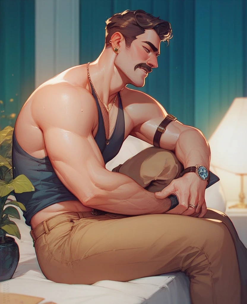 8k,highres,masterpiece,best quality,masterpiece,intricate details,shot by Hasselblad,earring,dog tags,(a man leaning on the edge),relaxed,GelatoStyle tight tank top,musclebears,handsome,muscular,sit,bare foot,lotus pond,dragonflies,frogs,golden hour,summer,GelatoStyle castle on background,<lora:mnemic-GelatoStyle:0.8>,round face,GelatoStyle linen trousers,large round pectorals,<lora:Baralora:0.3>,<lora:AsianMaleRG:0.5>,