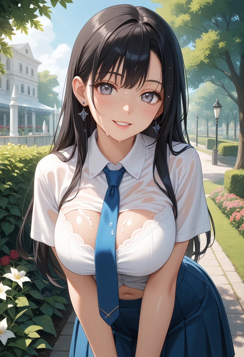 (8k, RAW Photos, 最high quality, masterpiece:1.2), high qualityのRAWカラー写真, Professional photo shoot, Cinematic Light, alone, (((young woman, Gal))), (Sharp features), (Small face), (Skin with attention to detail:1.2), clavicle, Cute Face, Beautiful appearance, Long eyelashes,Girl Turning Around, smile, (Black Hair, Long straight line、Heavy bangs), high school student, Red tie, High School Uniform:1.2, Checkered pleated skirt、Open shirt, White shirt,  Night Park, Birds chirping, Confident attitude, Capture the happy moment, Artistic painting,(A very fine touch:1.2), (はにかんだsmile), Peaceful atmosphere, Oil painting style, Bright colors, (Are standing:1.5, lean on a tree, Upper Bodyフォーカス), Smooth texture, Gazing Eyes, Beautiful Skin, Glowing Skin, ((Perfect Fingers, Five Fingers, Anatomically correct)), Background Blur, high quality, Surreal, ((Very detailed, photo shoot)),,(((Lift up your shirt、I can see my boobs)))、Close-up on face、Detailed 、Backlight、Dazzling sunlight、Sweaty、Grit your teeth、((Upper Body))、Ultra Close-Up