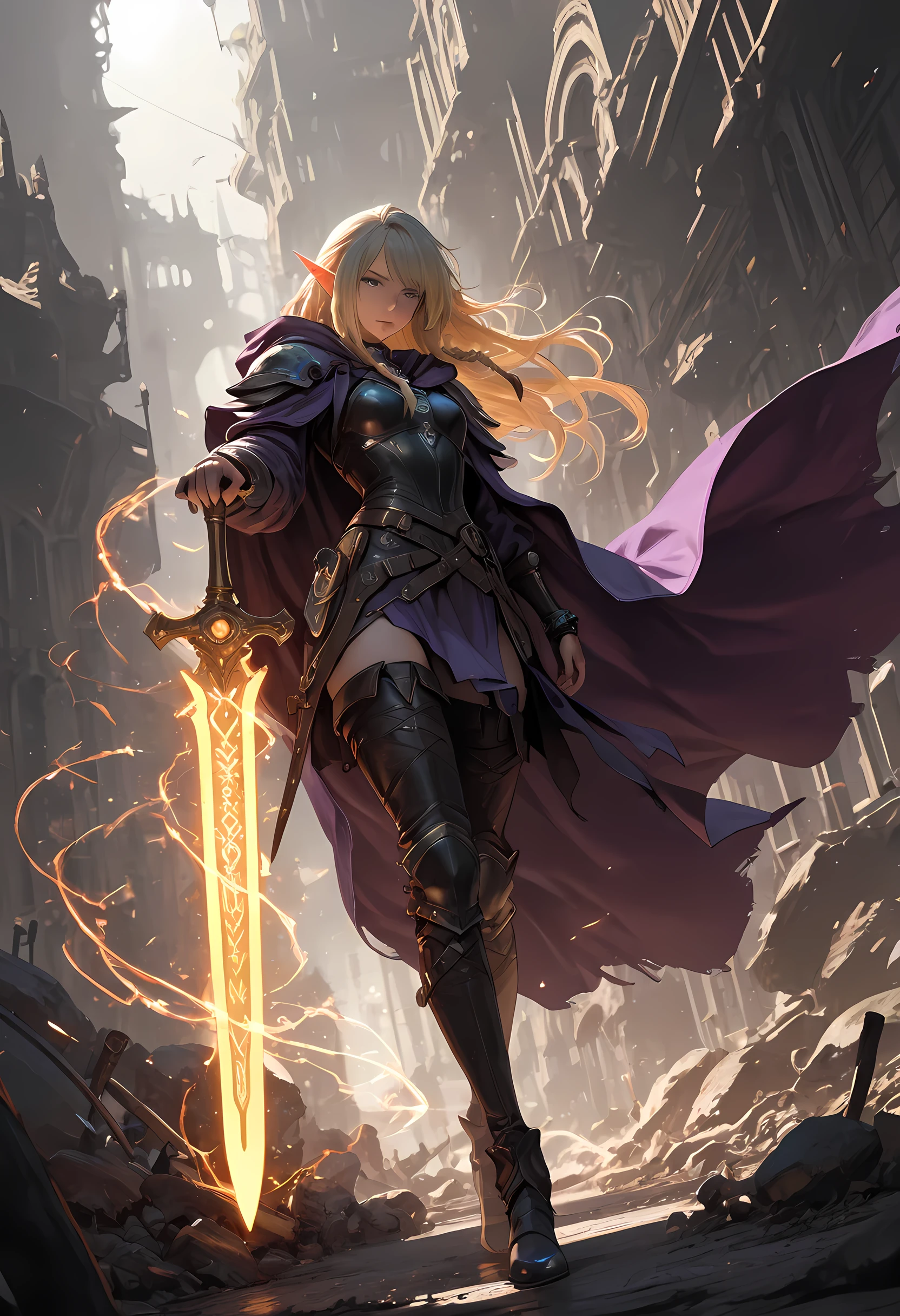 picture of a female elf (intense details, Masterpiece, best quality) fantasy swashbuckler, fantasy fencer, armed with a slim sword, sword, metallic shine, colorful clothes, wide shot, full body, best detailed face (intense details, Masterpiece, best quality) epic beautiful female elf (intense details, Masterpiece, best quality),  rich hair, braided hair, long hair, small pointed ears, fantasy urban street (intense details, Masterpiece, best quality),  purple cloak  (intense details, Masterpiece, best quality), long cloak (intense details, Masterpiece, best quality), elven leather armor (intense details, Masterpiece, best quality) sense of daring, sense of adventure, controlling a swirling colorful magic runes (intricate details, Masterpiece, best quality), manipulating colorful magical runes (intense details, Masterpiece, best quality) high details, best quality, 8k, [ultra detailed], masterpiece, best quality, (extremely detailed), dynamic angle, ultra wide shot, photorealistic, RAW, fantasy art ,ember, fantasy, fflix_ufantasy, 3DMM