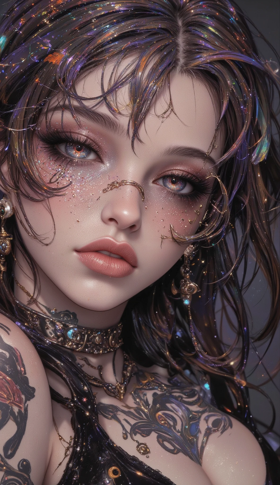((centered image, a close up of a beautiful woman with exaggerated features caricaturized in the kawaii style :1.52, thick and plump lips with kissable glitter , large with glitter and reflections , false eyelashes and long eyes :1.5 , Beautiful face of a cyberpunk girl , great digital art with details, wearing glasses you can see the reflection in the glasses of the glasses :1.5)), digital art. masterpiece of the body , Detailed woman, full lips in the style of Angelina Jolie , Long False Eyelashes , eye makeup blushed lips and cheeks , wears earrings all over the ear like piercings and has a ring embedded in the ovum of the ear, a piercing on the lips and nose , , Brandon Woelfel, tattooed face, tattoos and piercings, realistic digital art 4k, realistic digital art 4 k, tattoo style, cyberpunk art style, Girl with glasses , Chiaroscuro, cinematographic lighting , Optical illusion , high definition , U high definition , retina, body masterpiece of the body , Precise, look of empowerment , Textured skin, super detail , tall details , High quality, awarded , falda de High quality, highres, 1080P, high definition , 16K