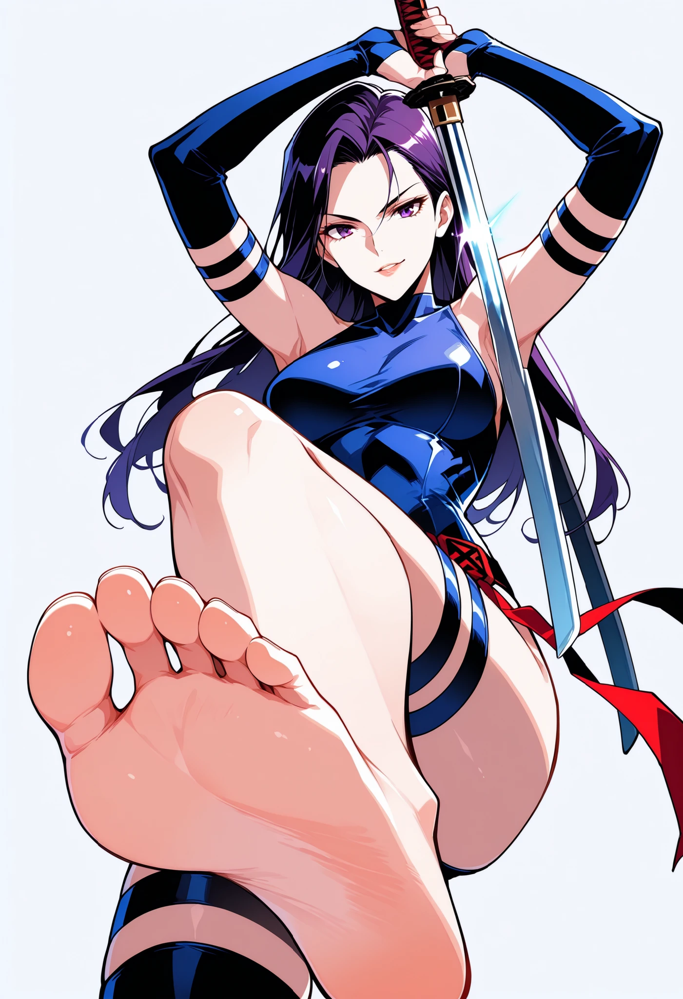 score_9 , score_8_up , score_7_up , source_cartoon , prefect lighting , very aesthetic , intricate details , score_9 , score_8_up , score_7_up , solo , source_anime , 1girl , illustration , psylocke , leotard , thigh highs , elbow gloves , belt , katana , unsheathing , smirk , parted lips , simple background , barefoot, toes, soles, soles up, foot wrinkles, foot focus, intricate details, perfectly drawn foot, each foot has exactly five toes, foot focus, showing her soles to the viewer,
