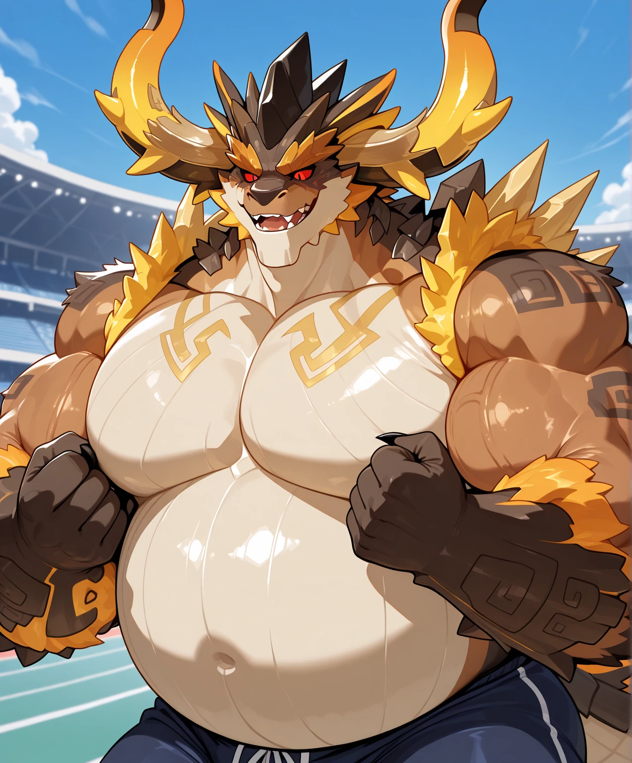 ((masterpiece)), ((high resolution)), ((Anime style)), ((best quality)), ((super fine illustration)), ((highly details)), ((8k)), ((detailed face)), ((detailed hands)), ((detailed body)), ((detailed eyes)), ((SFW:1.8)), ((solo)), ((uploaded on e621)), (by slugbox), (by bonifasko), (by cervina7), (by null-ghost), ((Arcanine)), ((black breasts:1.6)), ((black belly:1.2)), ((fluffy dog)), ((female anthro)), ((anatomically correct)), ((pawpads:1.3)), (five fingers), ((tuft)), ((fluffy fur:1.3)), ((fluffy fur body:1.3)), ((detailed fluffy fur)), ((big yellow eyes)), ((looking at viewer)), ((dynamic angle:1.3)), ((close up portrait:1.8)), ((furry)), ((huge muscular female:1.3)), ((muscular figure)), ((massive and strong body)), ((vein:1.3)), ((veiny muscles:1.3)), ((huge breasts:1.6)), ((nipple outline:1.3)), ((big muscles:1.3)), ((muscular arms)), ((muscular legs)), ((six pack abs:1.6)), (Oblique muscle), serratus anterior muscle, ((thick thighs:1.3)), ((blush)), (long snout), (big tail), (canine teeth), (fangs), open mouth, ((breath visible)), ((sweaty:1.8)), ((many scars are covered in the body)), ((many scratches are covered in the body)), ((a lot of claw marks are covered in the body)), ((scars on face)), ((detailed scars)), ((wearing dog tags:1.6)), ((dynamic pose:1.3)), ((in the seaside)), ((on the beach)), ((the sun)), ((a crowd of furry:1.3)), ((detailed background)), ((cinematic lighting)), ((gorgeous light and shadows)), ((highly detailed background)), ((tight gold bikini:1.8)), ((strap)),
