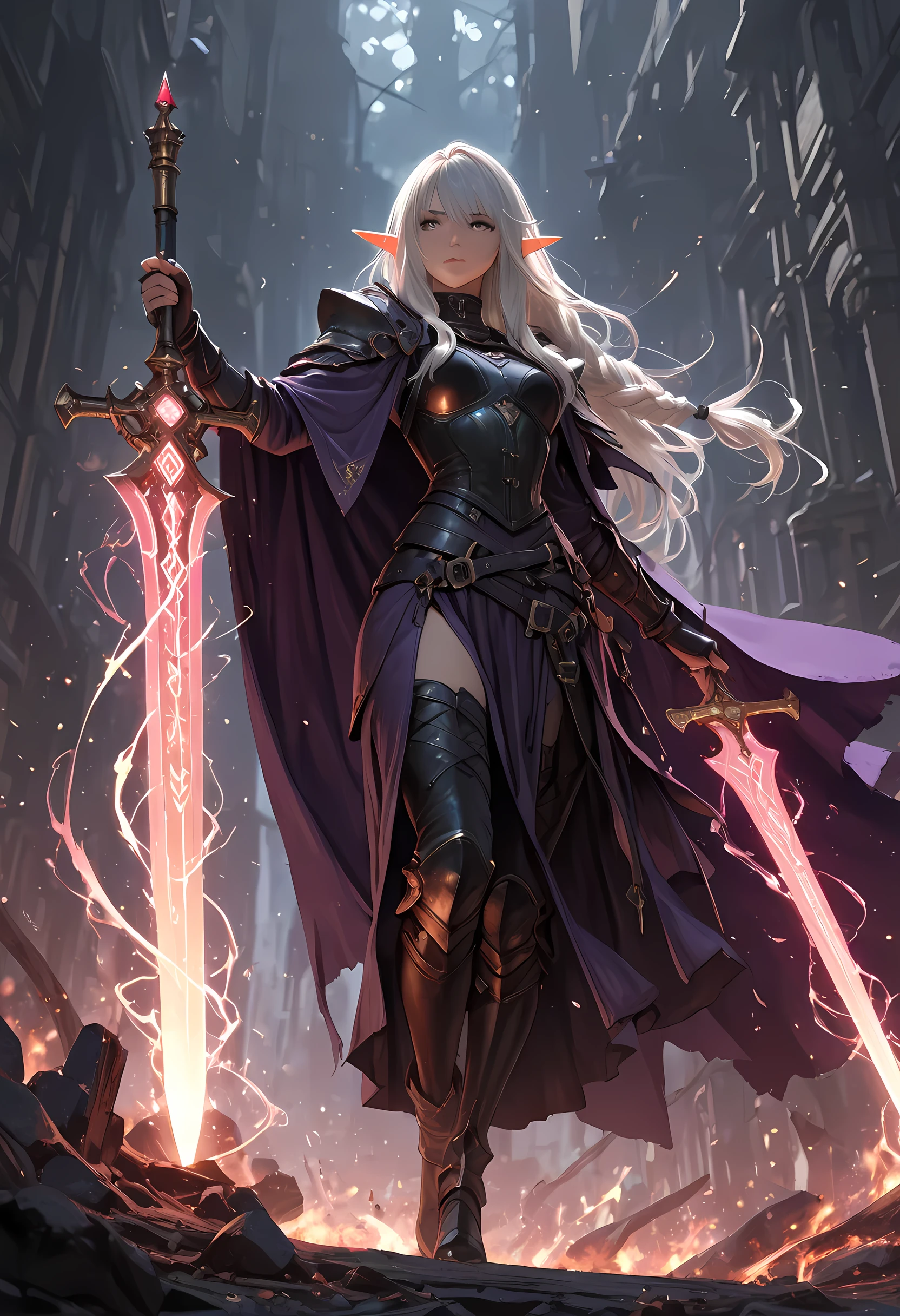 picture of a female elf (intense details, Masterpiece, best quality) fantasy swashbuckler, fantasy fencer, armed with a slim sword, sword, metallic shine, colorful clothes, wide shot, full body, best detailed face (intense details, Masterpiece, best quality) epic beautiful female elf (intense details, Masterpiece, best quality),  rich hair, braided hair, long hair, small pointed ears, fantasy urban street (intense details, Masterpiece, best quality),  purple cloak  (intense details, Masterpiece, best quality), long cloak (intense details, Masterpiece, best quality), elven leather armor (intense details, Masterpiece, best quality) sense of daring, sense of adventure, controlling a swirling colorful magic runes (intricate details, Masterpiece, best quality), manipulating colorful magical runes (intense details, Masterpiece, best quality) high details, best quality, 8k, [ultra detailed], masterpiece, best quality, (extremely detailed), dynamic angle, ultra wide shot, photorealistic, RAW, fantasy art ,ember, fantasy, fflix_ufantasy, 3DMM