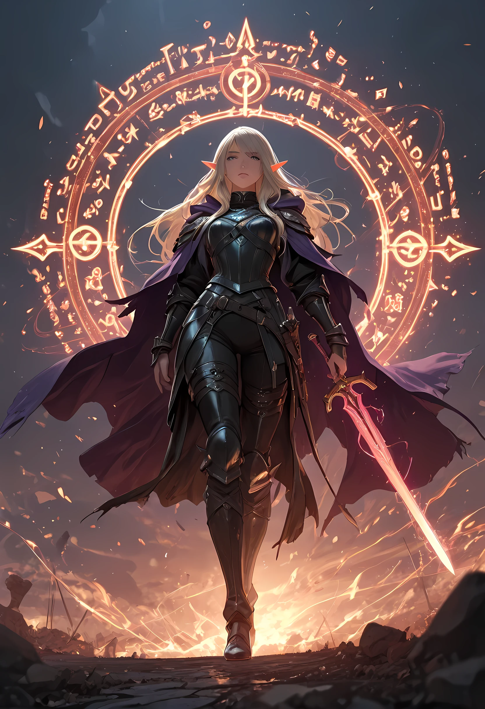 picture of a female elf (intense details, Masterpiece, best quality) fantasy swashbuckler, fantasy fencer, armed with a slim sword, sword, metallic shine, colorful clothes, wide shot, full body, best detailed face (intense details, Masterpiece, best quality) epic beautiful female elf (intense details, Masterpiece, best quality),  rich hair, braided hair, long hair, small pointed ears, fantasy urban street (intense details, Masterpiece, best quality),  purple cloak  (intense details, Masterpiece, best quality), long cloak (intense details, Masterpiece, best quality), elven leather armor (intense details, Masterpiece, best quality) sense of daring, sense of adventure, controlling a swirling colorful magic runes (intricate details, Masterpiece, best quality), manipulating colorful magical runes (intense details, Masterpiece, best quality) high details, best quality, 8k, [ultra detailed], masterpiece, best quality, (extremely detailed), dynamic angle, ultra wide shot, photorealistic, RAW, fantasy art ,ember, fantasy, fflix_ufantasy, 3DMM