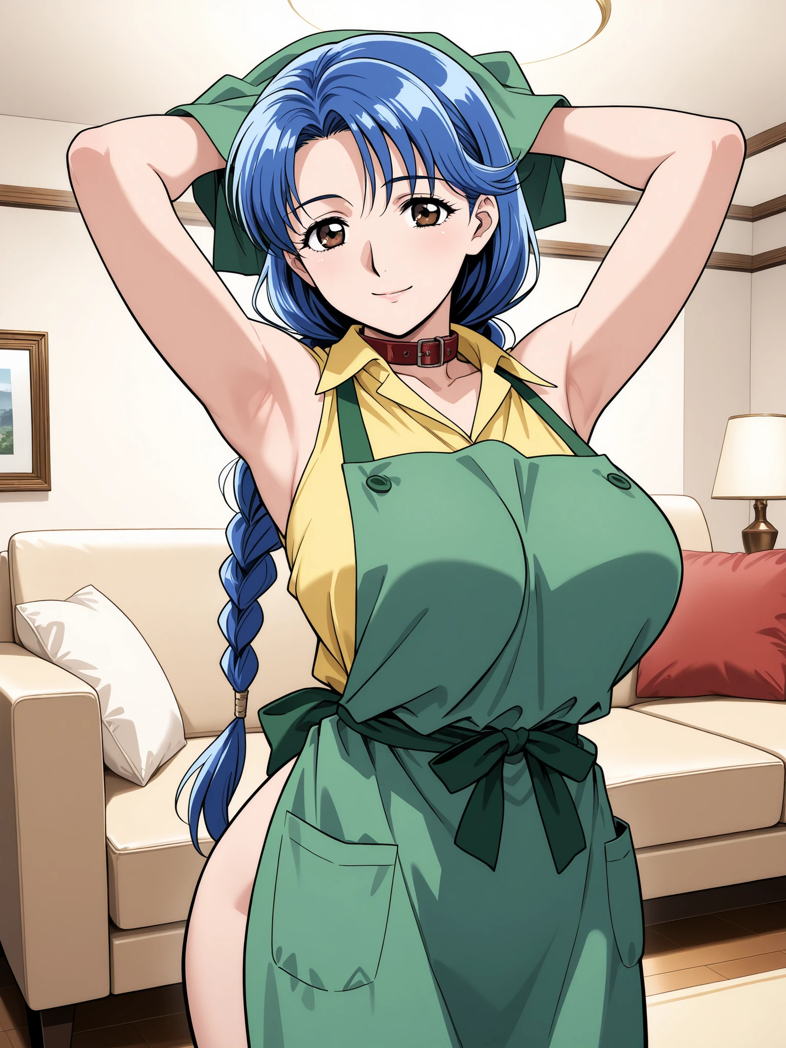 Chic quality, 1 girl, Aqua Konosuba, blue hair, huge breasts, middle thighs, (white apron、Naked apron)