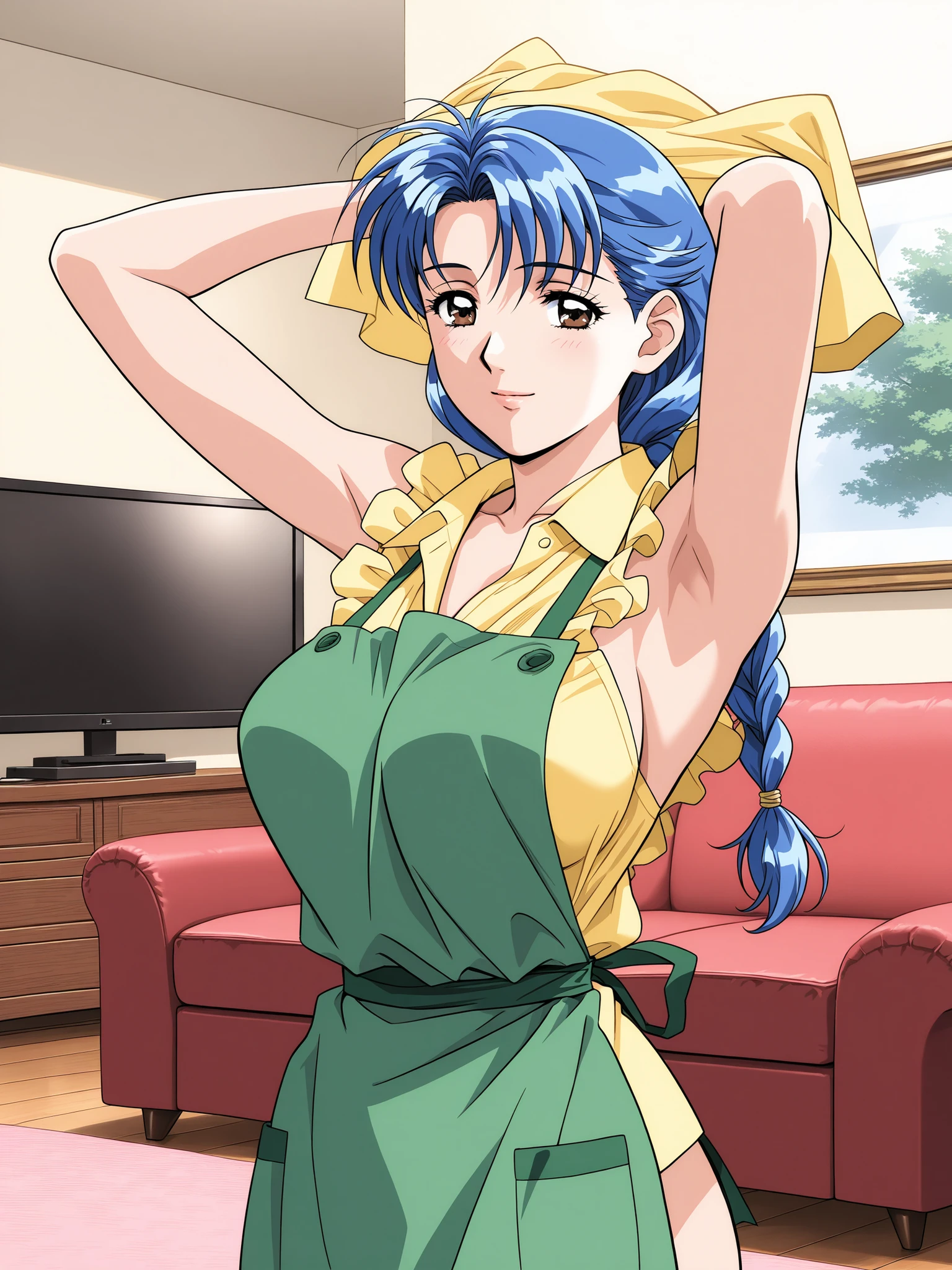 (sleeveless,naked apron,armpits),Married Woman,40 years old,general,high resolution, Ultra Details,very aesthetic,Highest Quality ,best arm, BREAK Narusawa Misako, blue hair, long hair, brown eyes in the bedroom, big breasts,1 girl, solo, green apron, indoor, braid, Sofa, yellow shirt, (viewers looking straight up), light smile, lower her arms, skirt for ears, smile, collar shirt