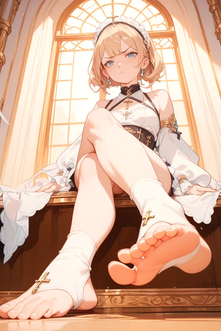 naked, Violet Evergarden, long blonde hair, blue eyes, sitting on chair, bondage, tickling, Laughs, confused, suprised, shocked, hands on anothers armpits