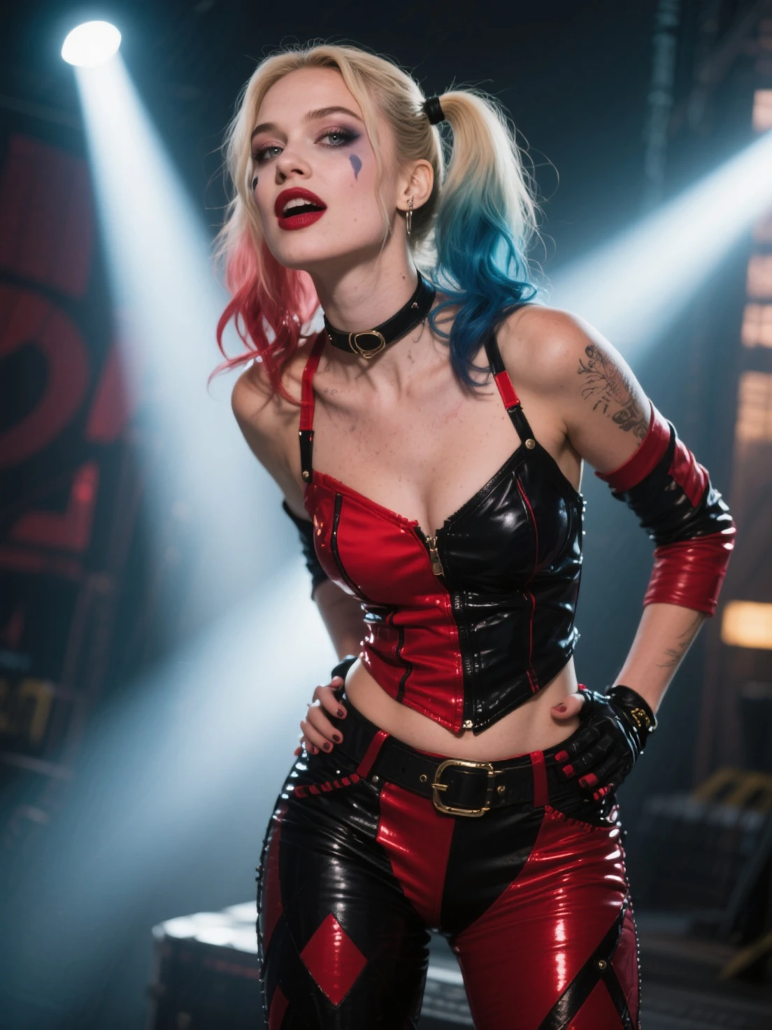 photorealistic, full body shot, close-up, miss Harley Quinn in leather outfit, provocative, rebellious, dominatrix, mistress, background moody vintage bar, backlight lightning,