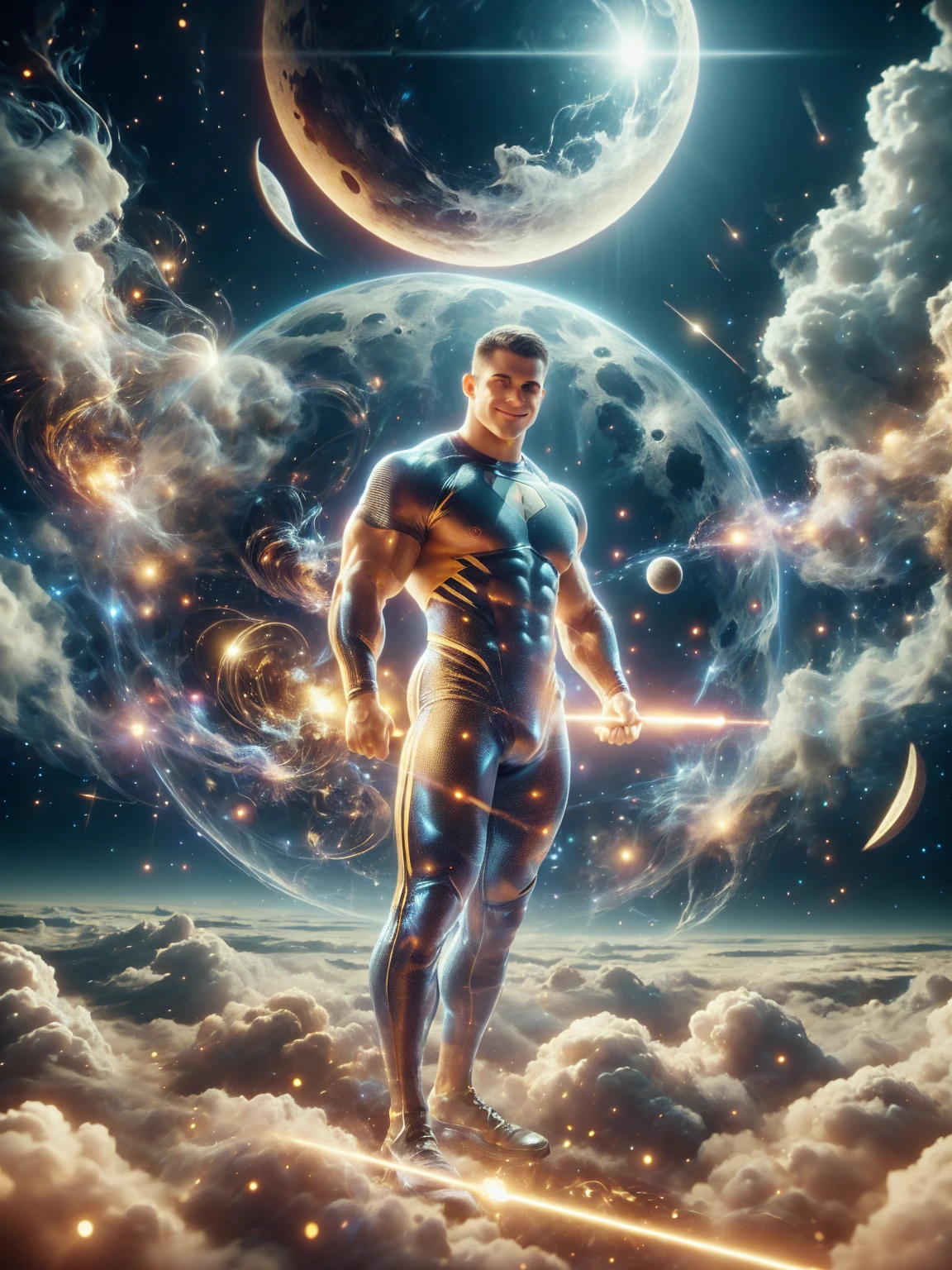 (masterpiece, high resolution, detailed:1.3), a mesmerizing depiction of a (strikingly handsome young man:1.2) (wearing sleek and form-fitting black bodysuit matching the stars surrounding him), (((clothing patterned with cosmic star field))), standing against the backdrop of the vast and mysterious cosmos. His (toned physique:1.2) is bathed in the soft glow of distant stars, reflected in his clothing creating an otherworldly aura. As he gazes out into the depths of space, his (intense blue eyes:1.2) reflect the wonder and curiosity of his cosmic journey. (subtle gleam:1.2) on his skin is meticulously captured, lending an air of realism to the scene. The celestial expanse behind him is a tapestry of (nebulous formations:1.2), (dazzling galaxies:1.2), and (shooting stars:1.2), a breathtaking testament to the beauty of the universe. This adark celestialskin body
rtwork melds the allure of a beautiful man with the awe-inspiring vastness of space, evoking a sense of both intimacy and grandeur.