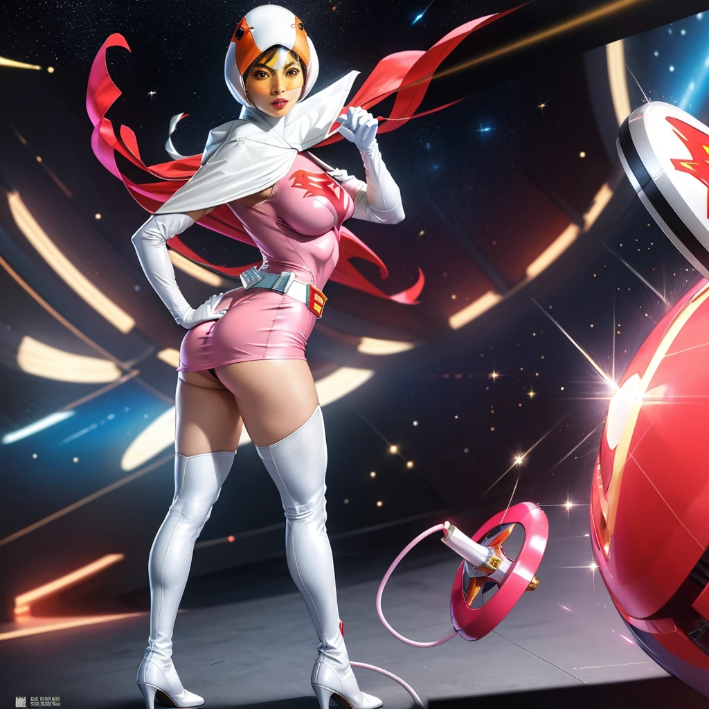 Year_Classic_jun_Gatchaman_My wife,1 girl, 18-year-old,Excellent anatomy, masterpiece, highest quality,Realistic, hyperRealistic, 16k hdr,
Long Hair,chest,Green Eyes,lips,large chest,lipstick,Compensate,gloves,cape,Helmet,belt,elbow gloves,white gloves,mask,Ultra mini skirt,leotard,Spacesuit,White legwear,Pink Dress,superhero,Bodysuits,Chest cleavage,Erect nipples,(Fighting Pose:1.2),(Spread your legs:1.1),Camel Toe,Sweat,smile,Spaceship,Nipples are visible,Please raise your hand,(From below:1.2),(From behind,Looking Back,Butt:1.3)