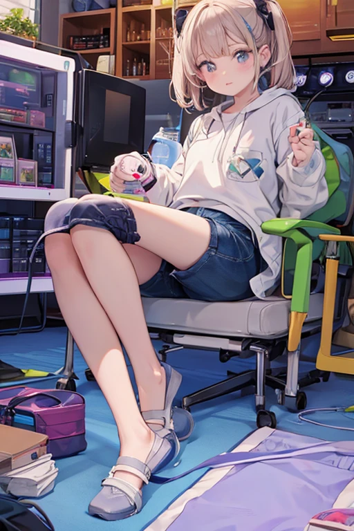 This illustration depicts a cute girl playing a game in her living room. She holds a game controller in her hand and her eyes sparkle. The room has a neon-colored wall and a dimly lit futuristic feel. However, the most noteworthy thing is the "last mysterious high-energy body" she emits. This energy body released from her body has the power to obliterate the garbage in the store. The pale light reaches every corner of the room. He is sitting cross-legged in a large chair and is wearing a hoodie. I'm obsessed with the game.
