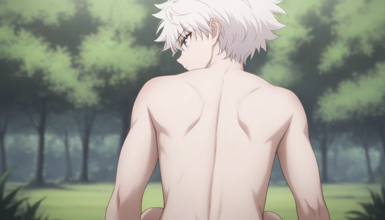 killua_zoldyck, white hair, nude, navel, nipples, sweat, small penis, serious face, forest background, full body, 