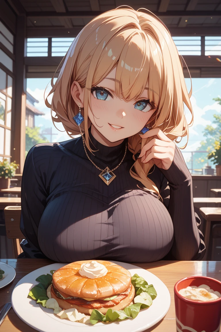 masterpiece, Confused, highest quality, Very detailed, High resolution, Detail View, Very beautiful detailed face and eyes, Bright colors, 1 girl, (), Cute face, Delicate and beautiful face, Magenta Eyes, Cute eyes, Sparkling eyes, Big eyes, Medium chest, (Firm breasts:1.1), (Pointed Chest:1.1), (round chest:1.1) (Huge breasts:1.1)、Medium Hips, attractive body, White skin, smile, break, Long Bob Cut, (Blonde:0.8), Messy Hair, Thin Hair, Shiny Hair, break off shoulder sweater, Long skirt, Small ribbon, high class sushi restaurant, sushi, dinner, Sheet, Real World, Natural light, Perfect lighting,