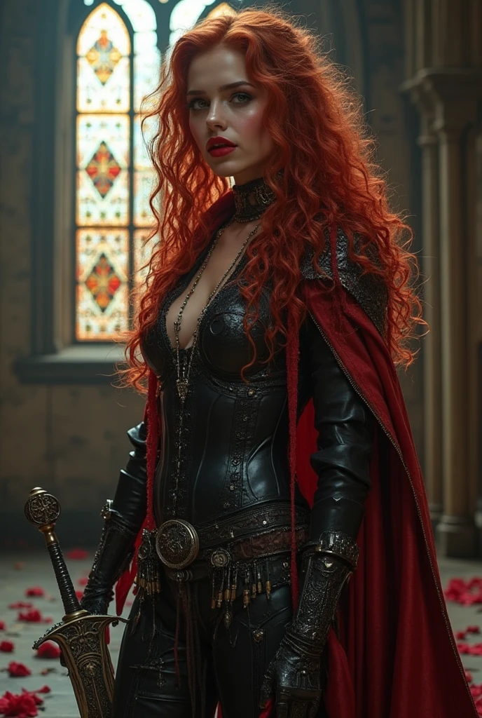 a girl from the waist up with dark skin with long wavy red hair with a tiara wearing a red villain-type leather suit with black and gold details who is looking forward with a dark enchanted forest background