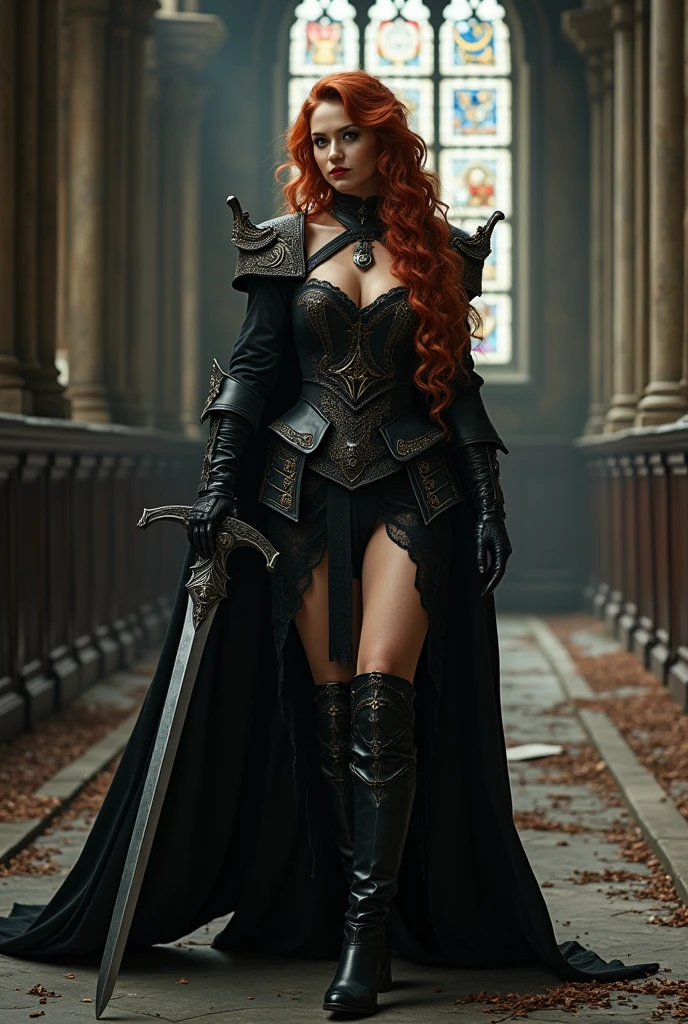 (full body shot:1) photorealistic image of a (standing pose:1) ultrarealistic, photography, long red hair, woman, 24 years old, hourglass figure, perfect body, seductive look, natural medium breasts, blur background, female grim reaper cosplay, cleavage, big sythe,