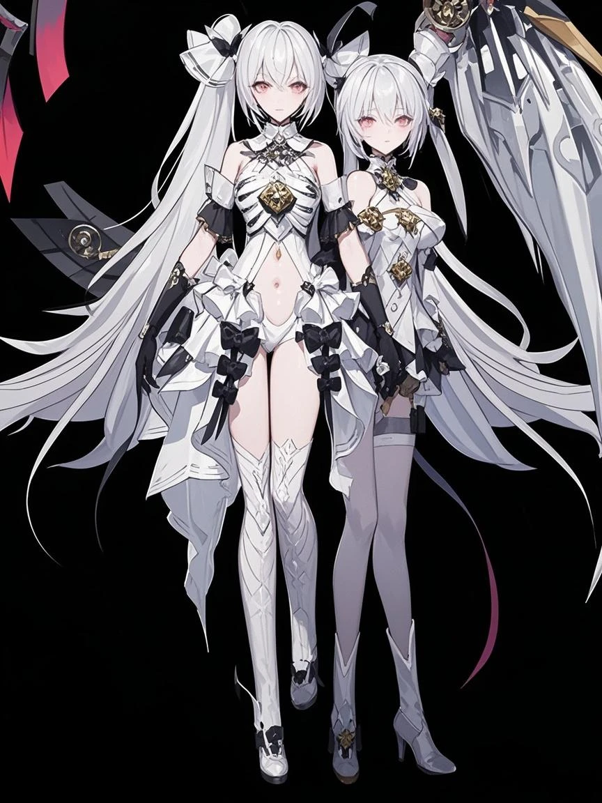 a high resolution, masterpiece, Very detailed,  Two girls, twins, Very long hair, hair to the floor, White hair, black hair, Blue eyes, Scarlet eyes, flat chest, Long sleeves, white stockings, bare chest, naked torso, full length, Red shoes, Front angle, standing, vertical twine