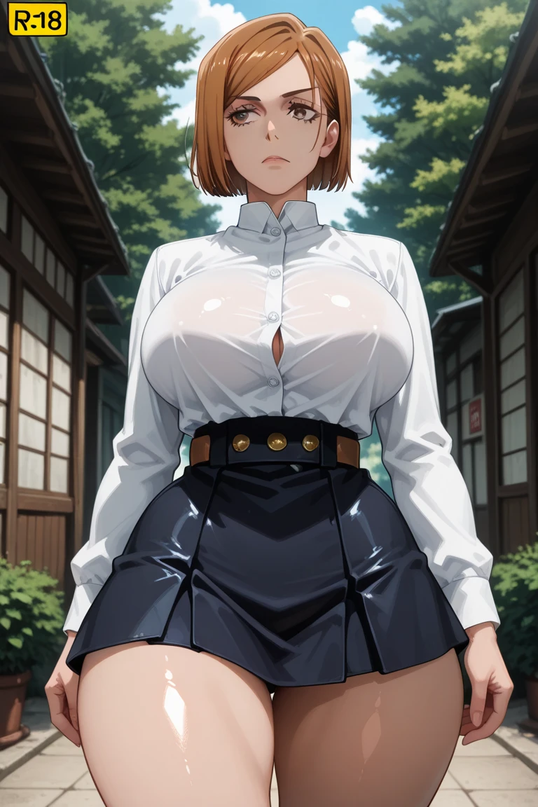 (masterpiece), (best quality), (ultra-detailed), (best illustration), (best shadow), (absurdres), nobarakugisakinova, 18yo,short hair, orange hair, ((brown eyes)), kugisaki nobara, Mole under the outer edge of the eye, medium breasts, (Open white shirt buttons ,no bra:1.2), navel,black ultra mini skirt, (fighting pose),from below,angry,shrine background,