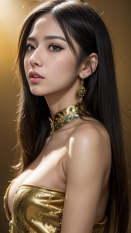 Arafe woman wearing a sari and necklace, Complex sets, Bejeweled, Wearing complicated clothes, Exquisite Jewelry, with Intricate details, Elaborate costumes, Wear elegant jewelry, Intricate details. from the front, Black Jewelry, Jewelry made with attention to detail, high Intricate details, Hand Jewelry Model Photos, Close-up portrait, Complex beauty, Exquisite Jewelry, side view Intricate details, masterpiece, 最high quality, high quality, High resolution, Beautiful Face、(Realistic Face)、Realistic eyes、Beautiful detailed eyes、Realistic Skin、Beautiful Skin、Ultra-realistic、Very detailed、Beautiful lighting、Sharp focus、Various poses、超Detailed face、Detailed Iole Hair、Brown Hair、Long Hair、Beautiful hairstyle、Detailed face、Exposed breasts、Cleavage、(Big Breasts)、Incredibly stupid, It seems ridiculous., (((In a suspicious underground bar)))、(((Smoke a hookah,Smoke a waterpipe:1.4)),((It&#39;s filled with smoke))((Sitting cross-legged:1.3)),full figure supermodel standing, entire body in frame、From an oblique angle above