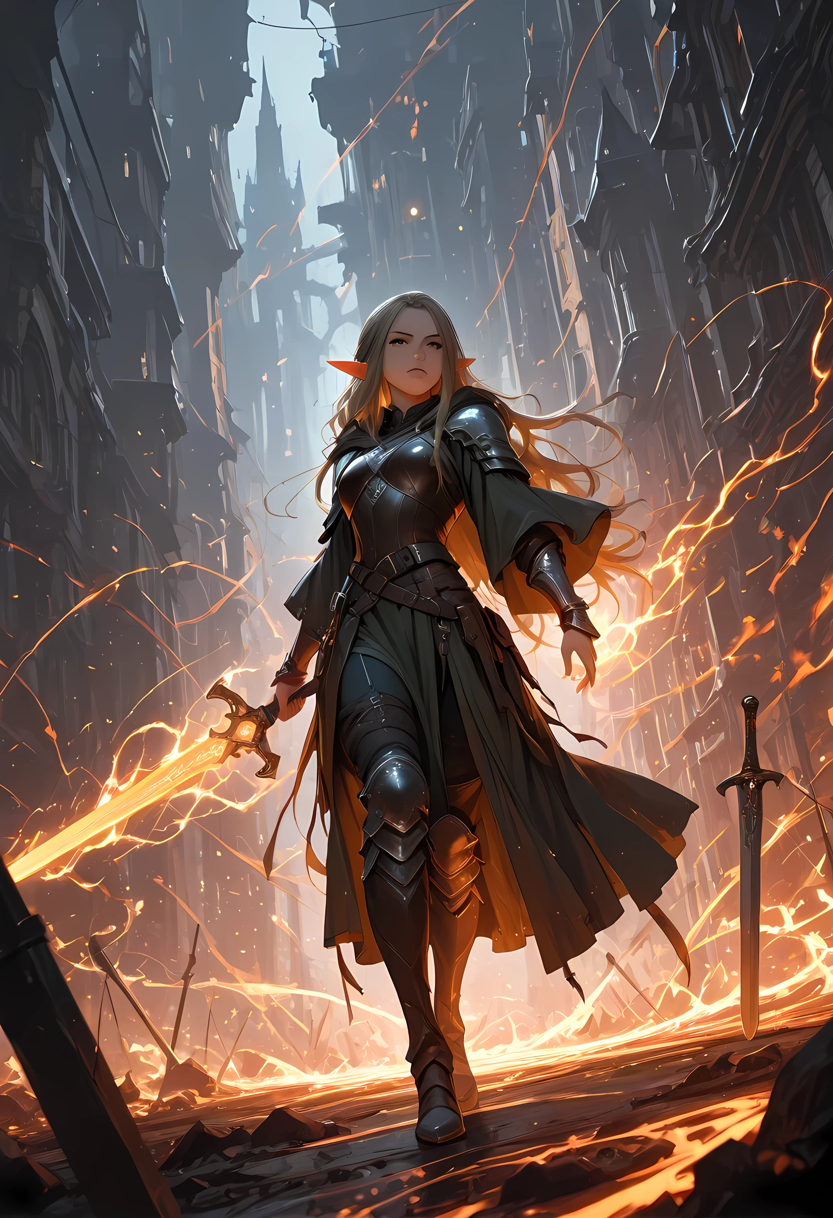picture of a female elf (intense details, Masterpiece, best quality) fantasy swashbuckler, fantasy fencer, armed with a slim sword, sword, metallic shine, colorful clothes, wide shot, full body, best detailed face (intense details, Masterpiece, best quality) epic beautiful female elf (intense details, Masterpiece, best quality),  rich hair, braided hair, long hair, small pointed ears, fantasy urban street (intense details, Masterpiece, best quality), long cloak (intense details, Masterpiece, best quality), elven leather armor (intense details, Masterpiece, best quality) sense of daring, sense of adventure, controlling a swirling colorful magic runes (intricate details, Masterpiece, best quality), manipulating colorful magical runes (intense details, Masterpiece, best quality) high details, best quality, 8k, [ultra detailed], masterpiece, best quality, (extremely detailed), dynamic angle, ultra wide shot, photorealistic, RAW, fantasy art ,ember, fantasy, fflix_ufantasy, 3DMM