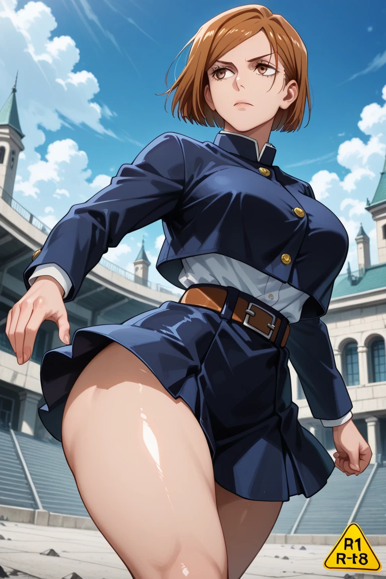 (best quality:1.3), (4K quality), Nobara Kugisaki by jujutsu no kaisen, (big breasts), sexy, (( cut hair )), ((blue sky)), Upskirt, point of view from below, nsfw,
