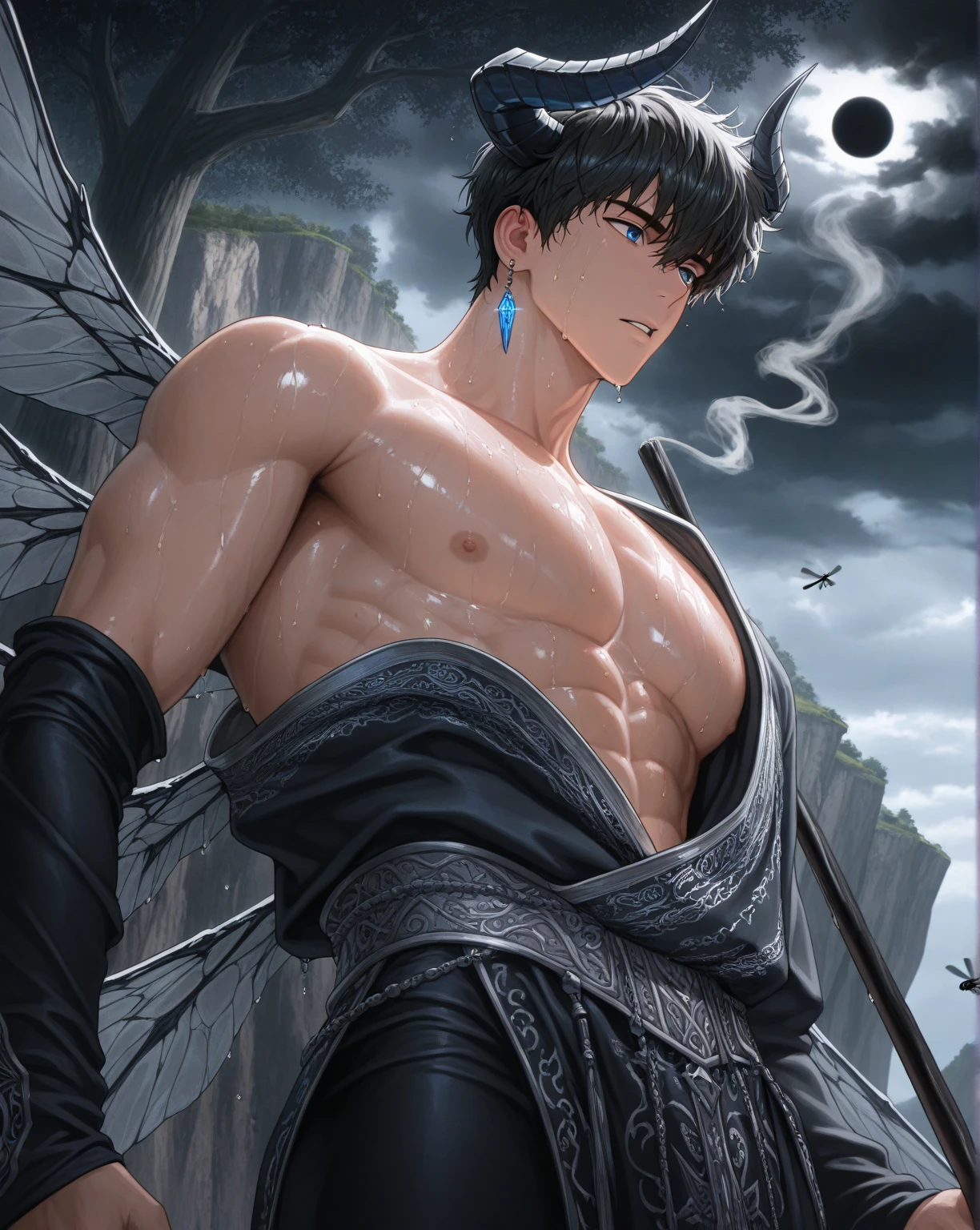 son goku, 1boy, closed mouth, male focus, muscular, muscular male, rock, sash, serious, solo, spiked hair, topless male, torn clothes, ultra instinct, black eyes, black hair, ((masterpiece)) --auto