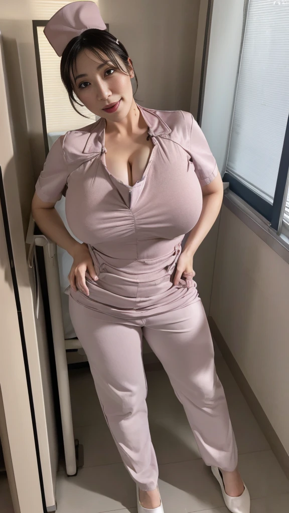 Miss you girl, Realistic, physically-based rendering, 1girl, Female model chinese, ulzzang, (huge fake breasts:1.2), (standing puff out your chest on rooftop), clear sky, morning, (portrait), (muscular body, slender, big buttocks:1.2), (expose muscle abs:1.2), (Full body:1.3), (sexy nurse uniform, short skirt:1.5).