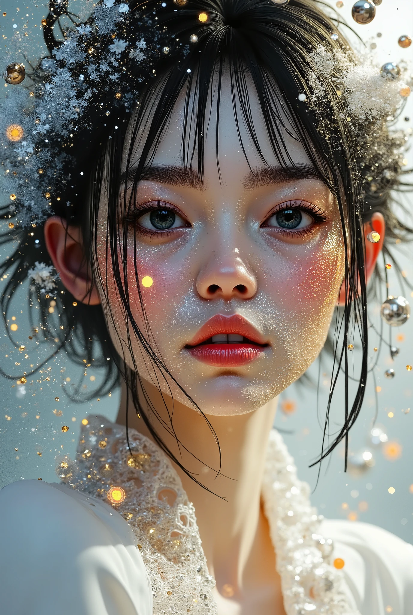 (( better quality )), (( masterpiece)), ( in detail:1.4), 3D, The painting of a beautiful cyberpunk Asian woman, with a plump , particles of light , pure energetic chaos, opposite to technology ,HDR ( high dynamic range ), ray tracing ,NVIDIA RTX, ultra-high resolution,Unreal 5,surface scattering, physically-based texture , post-processing,Anisotropic filtration,depth of field, Maximum clarity and sharpness,layered textures, diffuse and specular reflection ,Surface shading, accurately simulates the interaction of light and material ,perfect proportions, rendering octane , Two-tone lighting ,large diaphragm ,Low light sensitivity,white balance, Rule of Thirds ,8K Native, large size nightgown ,saggy Take an image like this just take litzo from the photo an accurate transfer of face and hair from the photo
