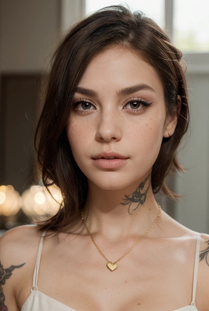 8k, qualitee realiste, brune, yeux gris bleu, tatouee, cheveux tres long, traits du visage fin,