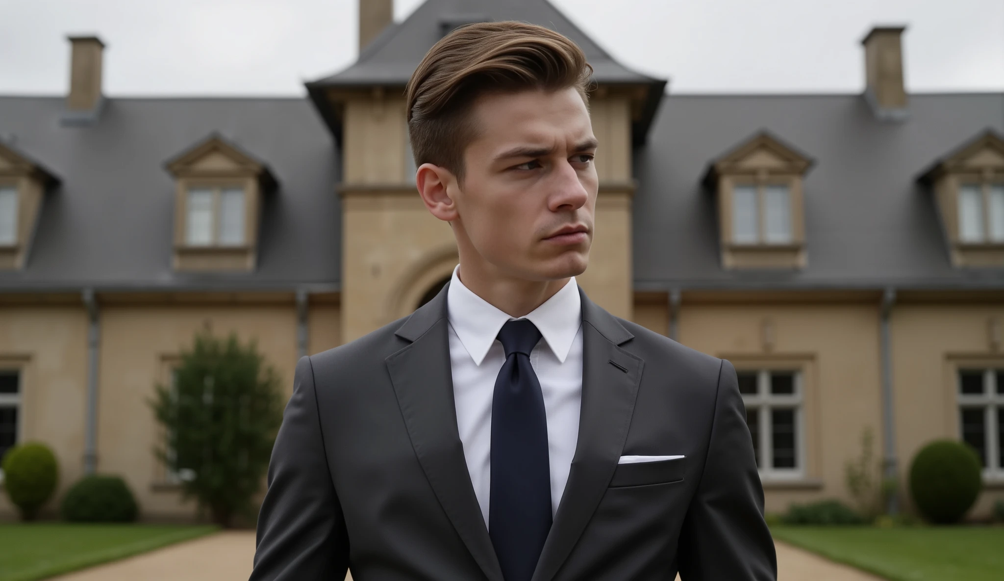  Young serious European man in an expensive suit. white shirt, dark tie. In the background is an elite cottage.  Close-up. 