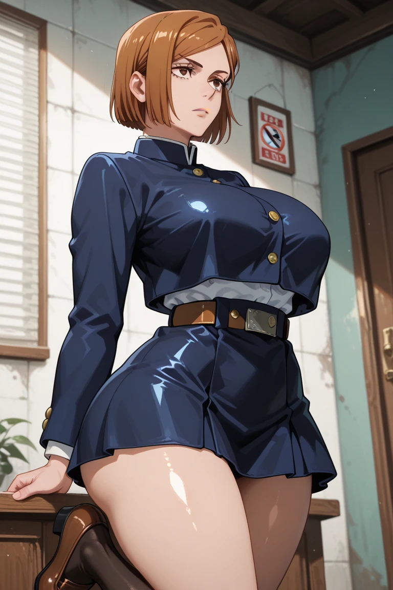 NobaraSU1,One girl, ((Beautiful Face)),alone, short hair, Orange Hair, , Brown eyes, View Viewer, bangs, Cowboy Shot, skirt, Long sleeve, high-waist skirt, Angry face,Irritability,pantyhose, black pantyhose, Hourglass Shape, blue skirt, turtleneck, Sweat drops, Hair behind the ear, Blue jacket, Blue clothes, belt,Shiny Hair, button, Crop top overhang, Hourglass Shape,indoor,(thin_Waist:1.6),(narrow_Waist:1.4), Breaking the masterpiece, highest quality, Highly detailed background, perfect lightinghighest quality, ((Shiny skin, Shiny skin, Detailed skin)),(beautiful huge breast:1.1),((busty)),full bust,toned,((Clothed Big Tits)),(breast close-up),from above,Landscape,Focus on the chest
