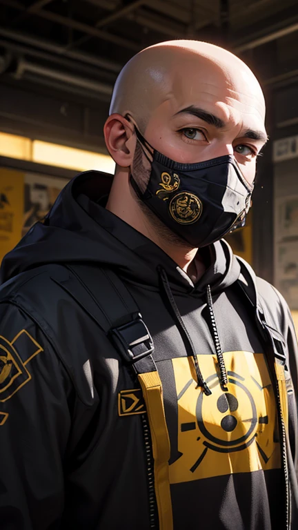 of a man，upperbody closeup，wearing work clothes、Hip-hop costumes，Black mask，Abandoned factory building in the background