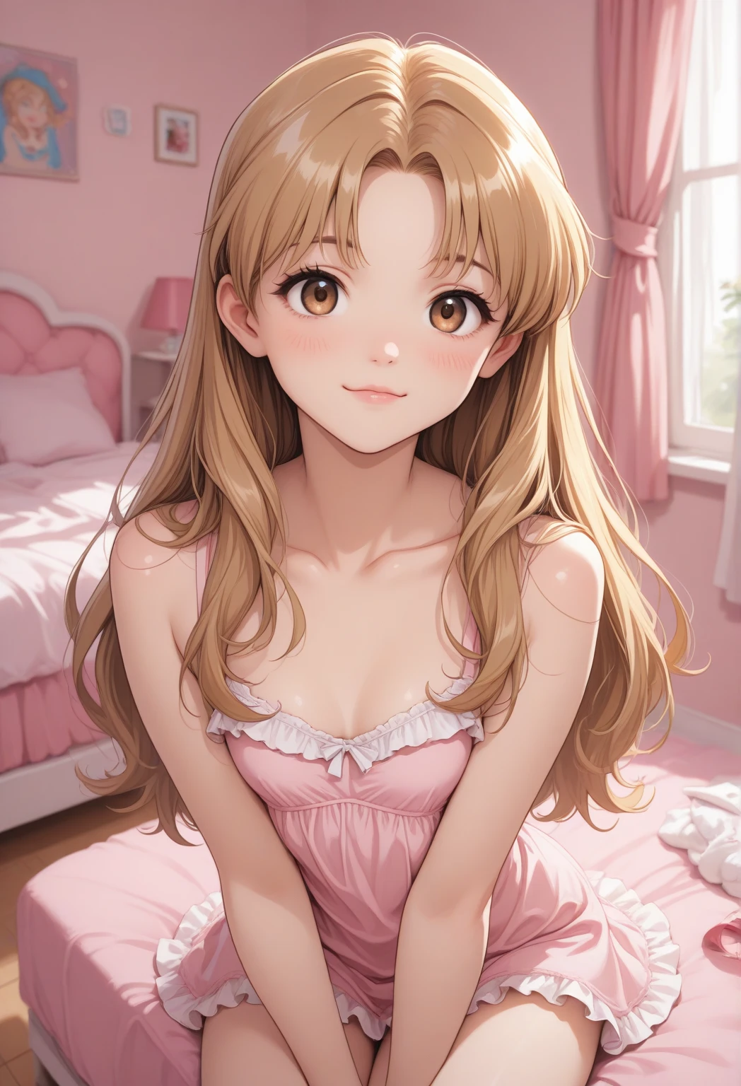 Stylish gyaru girl from the iconic 2010s Japanese gyaru magazine AGEHA, waking up in the morning with messy blonde hair with brown streaks, sleepy but bold makeup remnants from the previous night out, well-defined dark eyebrows, deeply tanned radiant bronzed skin, wearing a delicate white lace babydoll top with spaghetti straps, and a tiny thong low on her hips, large hoop earrings, a collection of bangles and bracelets, sitting on an unmade bed surrounded by fashion magazines and empty snack bags, sipping a morning energy drink, in a bright, sunlit bedroom adorned with posters and decorations reflecting her gyaru style interests.