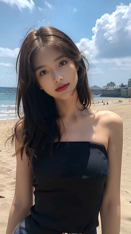 A sweet girl by the beach,voluminous hair,Delicate face,Photorealsitic,of a real,largeaperture,wears a black dress,A cropped dress,Off-the-shoulder,A dress around the neck,Slim,smiles,Ultra-high resolution
