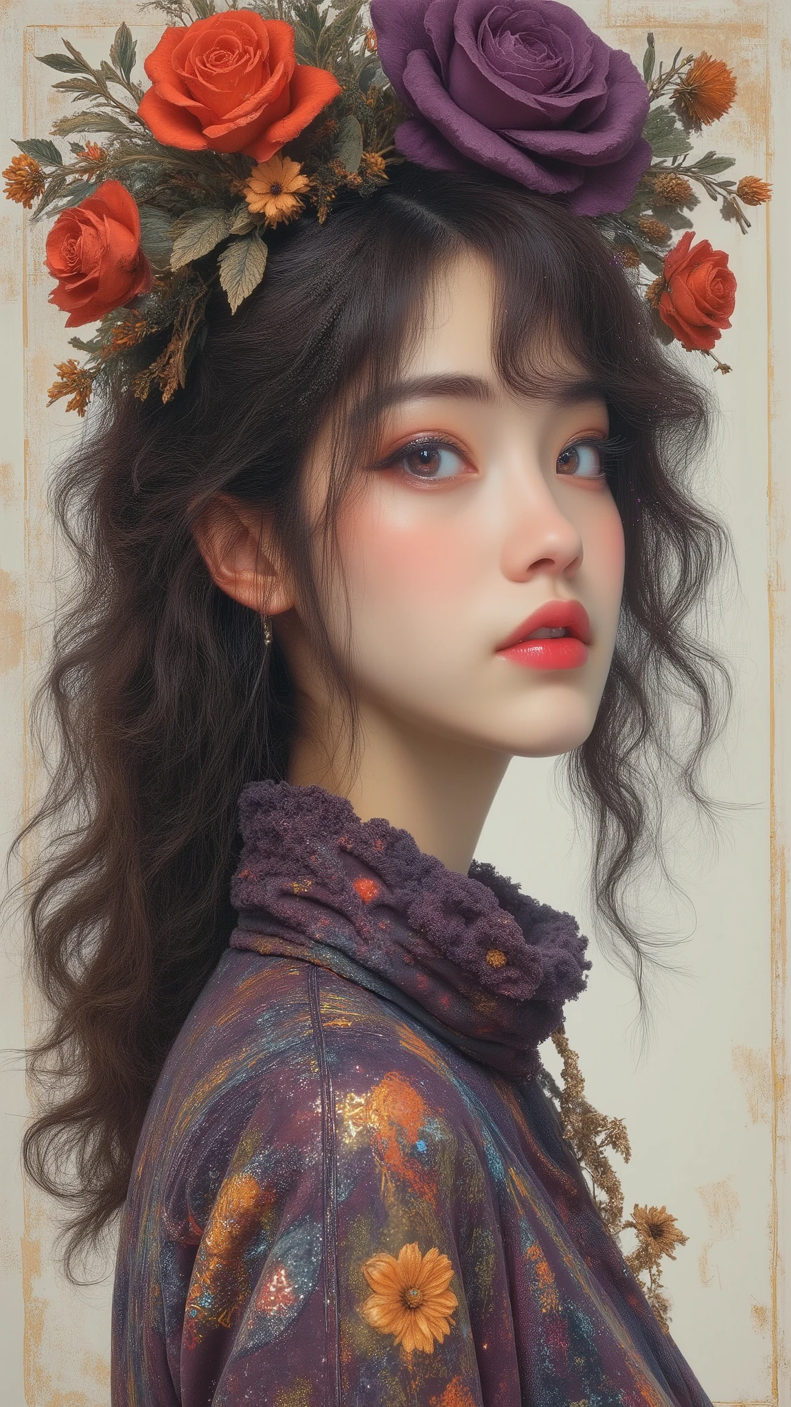 The character's clothes are made of metal and plastic,futuristic cyberpunk 20-year-old goddess,Highly detailed portrait of a semi-robot,Real eyes,Realistic face,are partially obscured by a complex weathered cyberpunk headdress,, blue-purple messy hair,tied in a casual style,Eye-catching purple PVC motorcycle jacket with beige PVC Boots {x} A few strands of hair surround her technological face showing the artificial intelligence of the Moses Code,Add a bit of rebellion and tenacity to your behavior,creates a high-tech and mysterious atmosphere,Surreal retro conceptual artistic image theme,enhances the sci-fi atmosphere,with an orange-red lollipop,Surreal photo with a light cream background with a circuit diagram。forms a clear working pattern,The character's face,Wear cyberpunk glass lens goggles that emit aqua blue light, Purple metal with complex mechanical components,and futuristic neon purple headphones,Artificial intelligence technology camera installed,A display data device that emits light,show holographic data,and various digital codes,gives an impression of holographic fashion across time and space,yellow angular cyberpunk Shoulder bag,Add details such as cables and mechanical elements around the earphones, high detail,with dramatic neon effects,in the mouth。