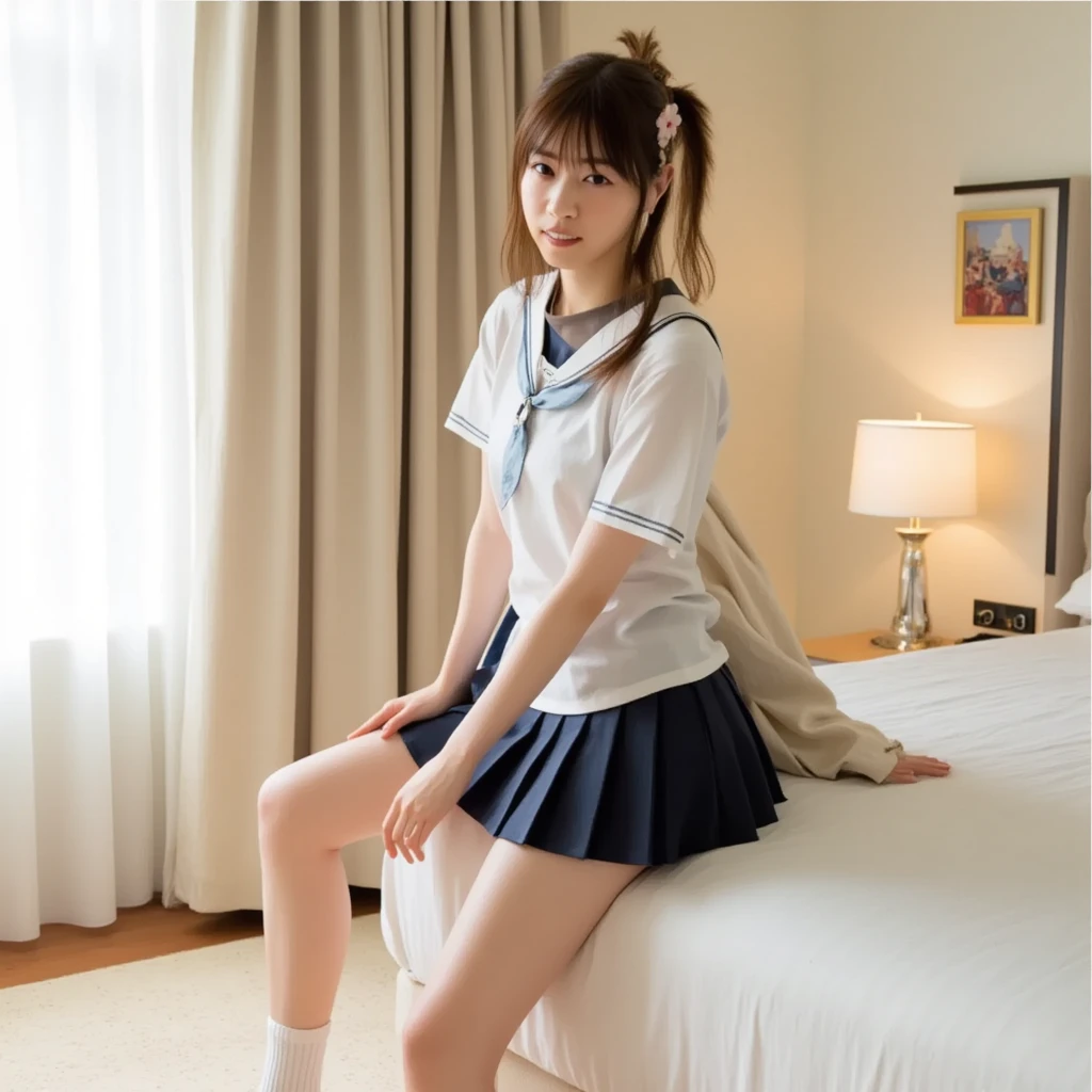 ((masterpiece)), (a Japanese girl), (((18 years old))), ((school uniform)), bedroom, (kneeling), short sleeves,