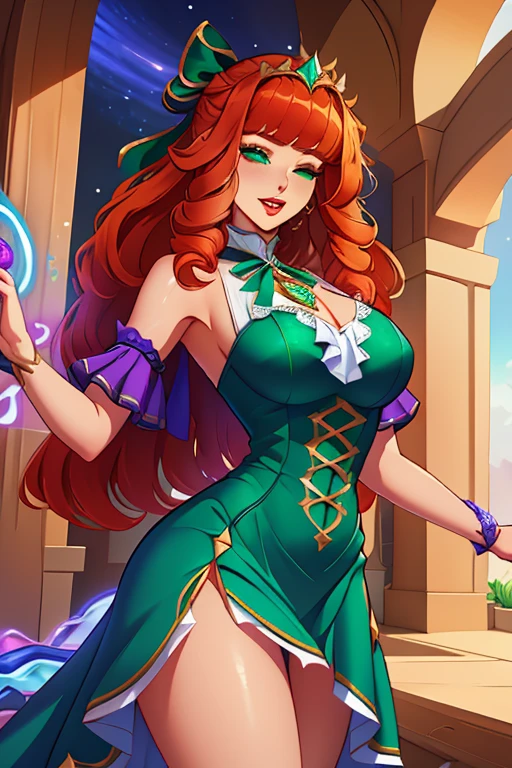 masterpiece, HD, best quality, kawaii, sparkles, stars, anime, 1 girl, anime girl, big breasts, hourglass figure, cleavage, wide hips, tight fitting clothes, green outfit, green eyes, pale skin, galaxy background, beautiful, long ginger hair, ginger hair girl, long hair, soft lips, gentle hands, delicate but dom, small waist, massive breasts and hips, galaxy, random expressikn, random gesture, anime style face, great definition, high quality, stars in background, stars around, unreal, ethereal

