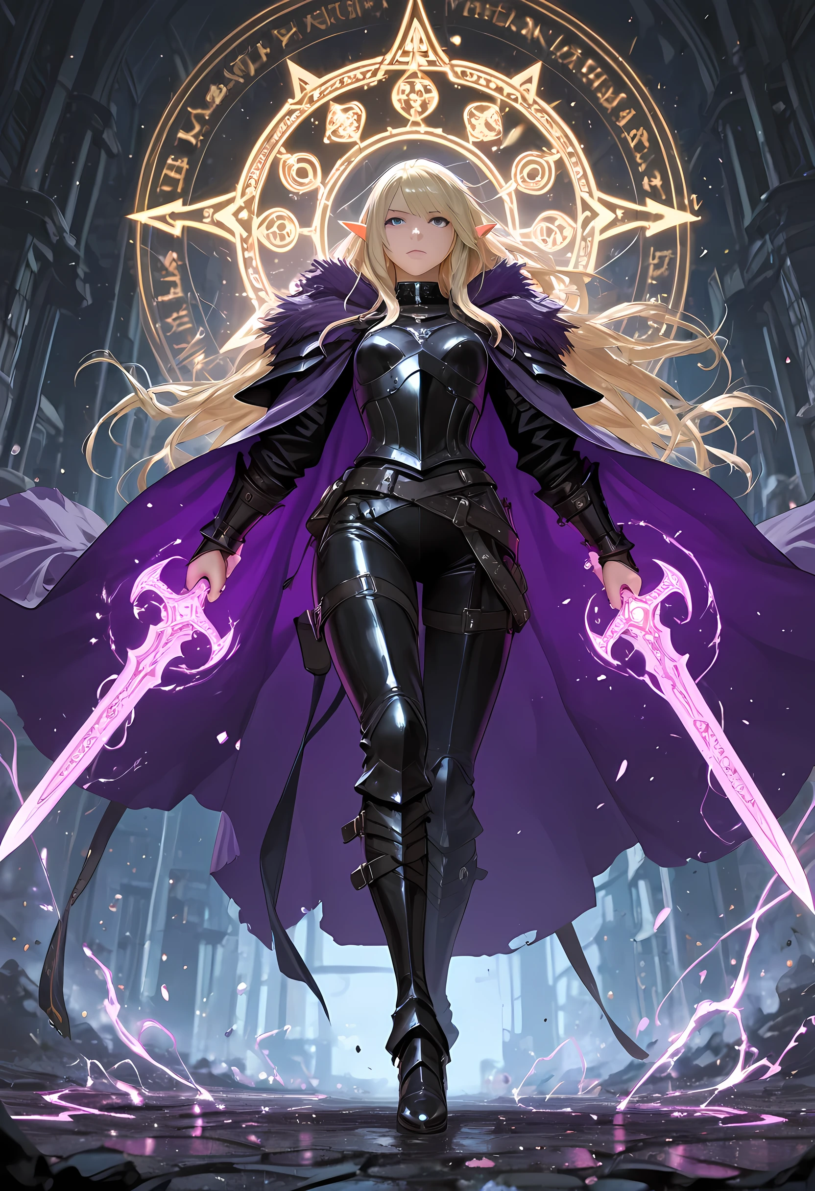 picture of a female elf (intense details, Masterpiece, best quality) fantasy swashbuckler, fantasy fencer, armed with a slim sword, sword, metallic shine, colorful clothes, wide shot, full body, best detailed face (intense details, Masterpiece, best quality) epic beautiful female elf (intense details, Masterpiece, best quality),  rich hair, braided hair, long hair, small pointed ears, fantasy urban street (intense details, Masterpiece, best quality),  purple cloak  (intense details, Masterpiece, best quality), long cloak (intense details, Masterpiece, best quality), elven leather armor (intense details, Masterpiece, best quality) sense of daring, sense of adventure, controlling a swirling colorful magic runes (intricate details, Masterpiece, best quality), manipulating colorful magical runes (intense details, Masterpiece, best quality) high details, best quality, 8k, [ultra detailed], masterpiece, best quality, (extremely detailed), dynamic angle, ultra wide shot, photorealistic, RAW, fantasy art ,ember, fantasy, fflix_ufantasy, 3DMM