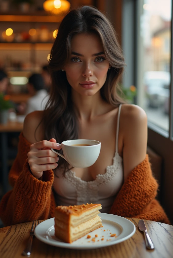 Generate heartwarming photos of Autumn, the enchanting influencer, savoring a spiced latte, epitomizing the essence of autumn's delight. Autumn, in her mid-20s, stands at about 5'4", with long, wavy chestnut hair gracefully falling over her shoulders. Her athletic hourglass figure, accentuated by a full bust, pairs beautifully with her flawless, sun-kissed tan. Autumn's expressive brown eyes radiate charisma, mirroring her relaxed and confident demeanor.
Autumn's cozy chic ensemble reflects her impeccable style. She adorns herself in a soft, oversized sweater, its inviting color enveloping her, paired with snug-fitting, high-waisted jeans that highlight her figure with sophistication.
The charming, rustic coffee shop setting immerses Autumn in the warmth of fall, adorned with autumnal decor that enhances the cozy ambiance. Soft, diffused lighting envelops her in a golden glow, creating an inviting atmosphere. The surroundings include cozy seating, rustic wooden tables, and the rich aroma of freshly brewed coffee, all capturing the essence of Autumn's delightful coffee experience.
In candid moments, Autumn enjoys her spiced latte, lost in thought while gazing out of the window or sharing a bright smile. The photos capture the coziness and tranquility of the coffee shop, reflecting the simple joy of sipping a warm beverage. Natural lighting enhances the inviting atmosphere, bringing to life the essence of Autumn's delightful coffee experience.
With intense makeup, a cozy atmosphere, and features that are meticulously symmetrical, the photos embrace photorealistic techniques like path tracing, specular lighting, volumetric face light, path-traced hair, visible shadows, and intricate details. This creates an elaborate and hyper-realistic portrayal of Autumn's heartwarming coffee moments.