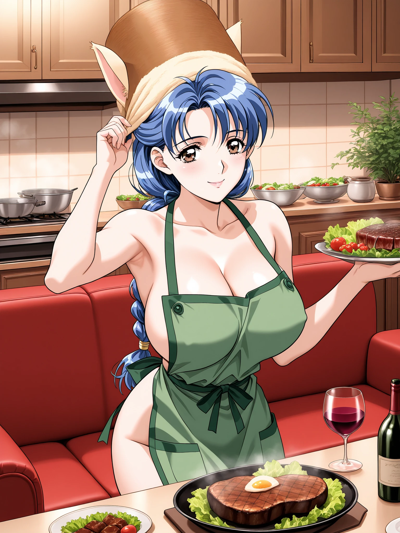 cooking,wine,salad,Large serving of steak,armpits,(Highest Quality, masterpiece,sleeveless,naked apron,),Alluring,Married Woman,40 years old,cleavage,Ultra Details,very aesthetic,best arm, Narusawa Misako, blue hair, long hair, brown eyes in the bedroom, big breasts,green apron, indoor, braid, tables,Sofa, yellow shirt, (viewers looking straight up), lower her arms, skirt for ears, smile,