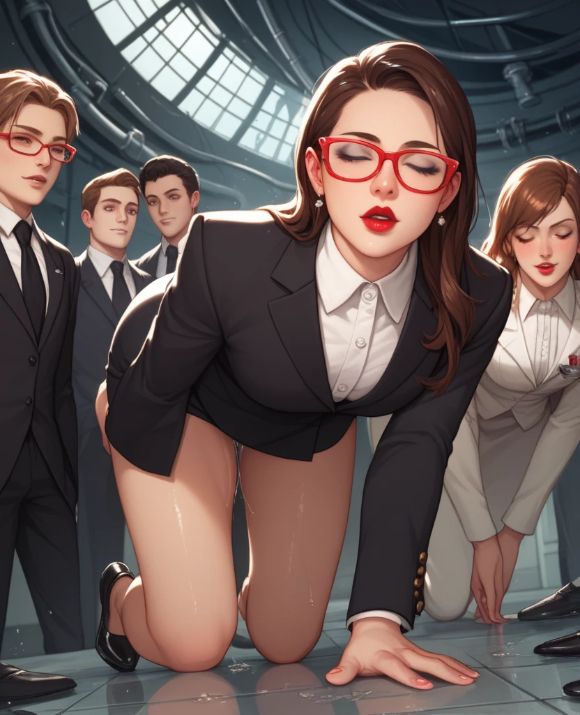 score_9, score_8_up, score_7_up, score_6_up, score_5_up, score_4_up,
aamia, grey plaid jacket, suit jacket, skirt suit, black necktie, dress shirt with white collar, belt, waistcoat, three-piece suit, leather pencil skirt, open jacket, pleasure, moaning, bedroom eyes, orgasm, vaginal sex, office, saliva, tears, drool, glasses, cum on face, wet clothing, shiny clothing, tie clip, projectile cum, excessive cum, cum in mouth, cum on hair, cum on body, cum on clothes, cumdrip, cum string, cum pool, wet face, suit jacket buttons, waistcoat buttons, double-breasted waistcoat, glossy face, long necktie, deepthroat, blowjob, oral sex, sucking penis, (nsfw:1), (Uncensored:1), score_9, score_8_up, score_7_up, score_6_up, score_5_up, score_4_up, gangbang, solo forcas, Simple background, depth of field, indoors, 4+boys, Gangbang, Group Sex, Multiple Boys, Multiple Penises, black boys, no face boys, Men in black, hetero sex, group sex, oral, fellatio, irrumatio, deepthroat, rough sex, aggressive,drool, messy face, saliva, spitroast, bukkake, sweat, gangbang, double penetration, triple penetration, lying on side, skirt pulled up, cum on face, cum on clothes, hitched up skirt, clothed sex