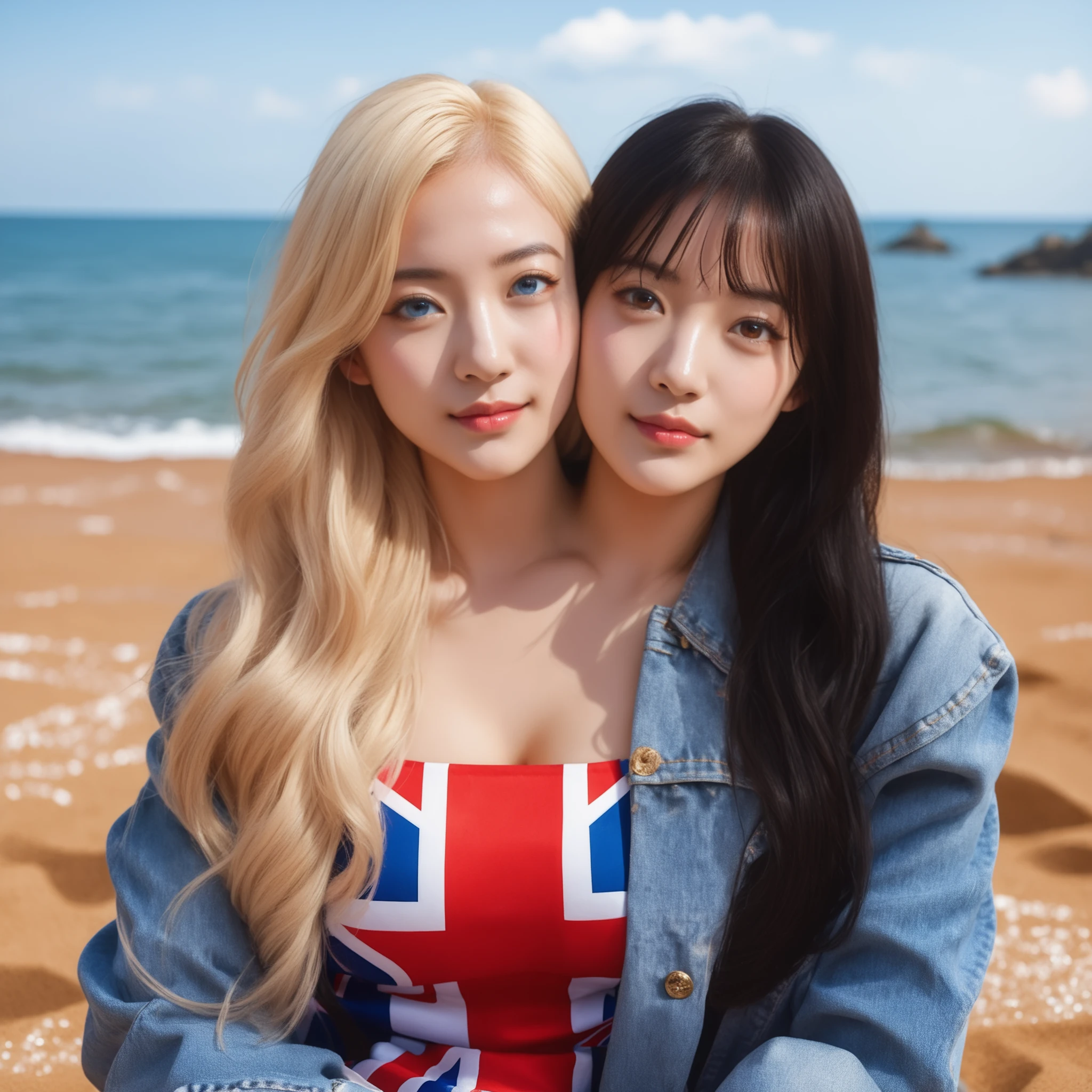 best resolution,2girls with two heads, caucasian woman and japanese woman, different eye colors, brown eyes, blue eyes, different hair color, blonde hair, black hair, different faces, different facial expressions, denim jacket, union jack top, beach background, realism, detailed face, detailed skin